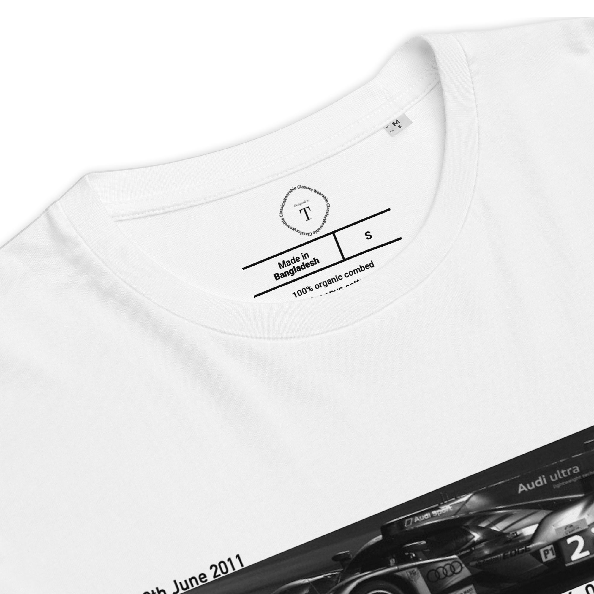 White Unisex Cotton T-Shirt folded close up with banner image of Audi 2011 at Le Mans in the centre with text of coordinates and date of race