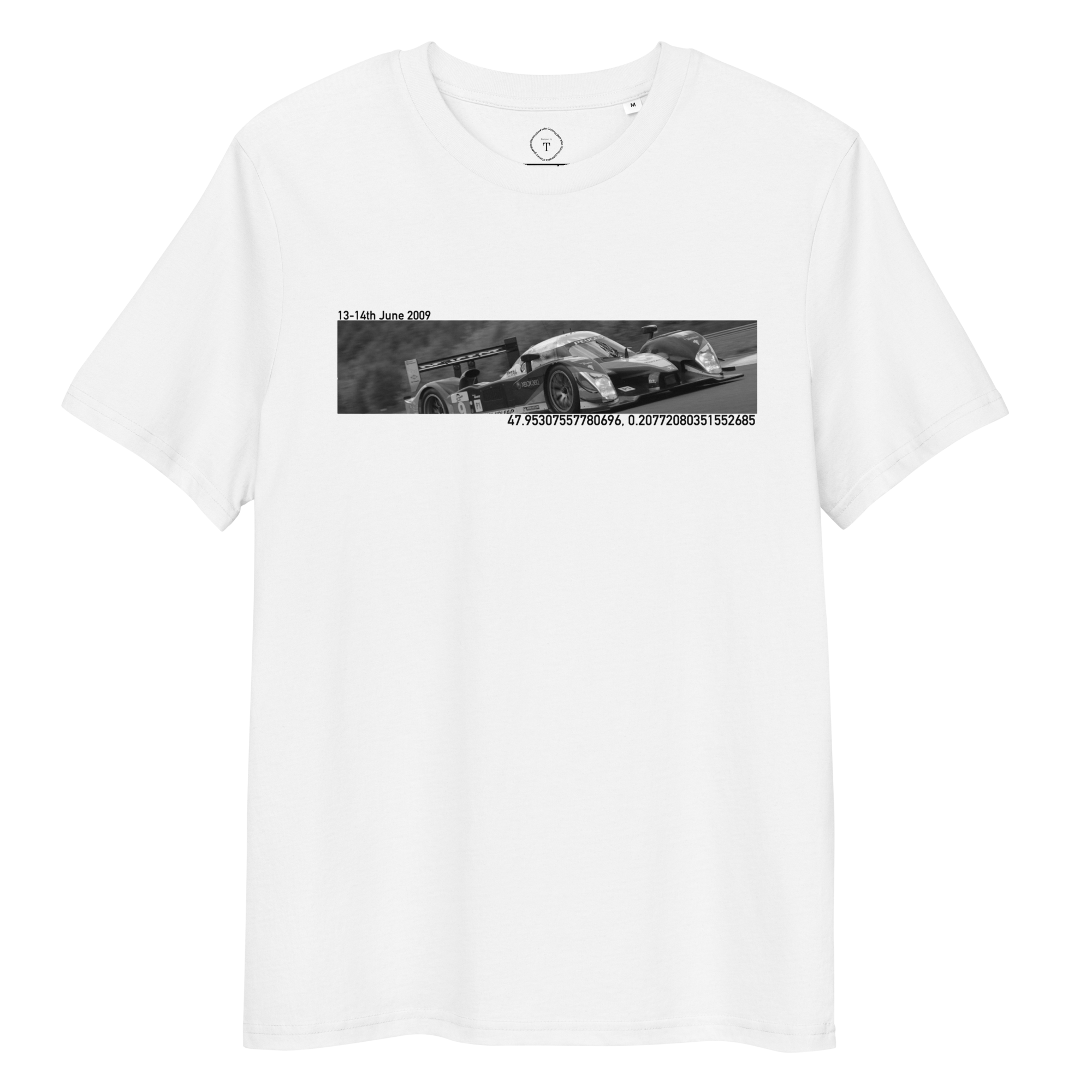 White Unisex Cotton T-Shirt full view with banner image of Peugeot 2009 at Le Mans in the centre with text of coordinates and date of race