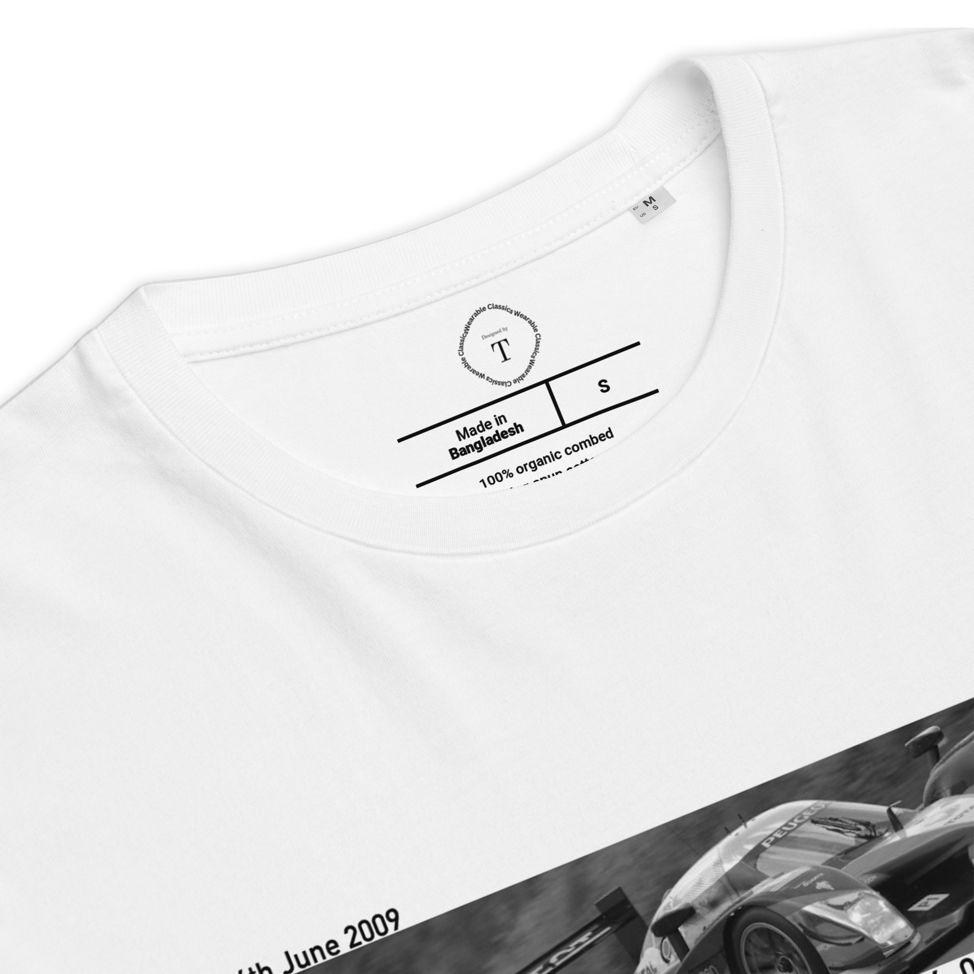 White Unisex Cotton T-Shirt folded close up with banner image of Peugeot 2009 at Le Mans in the centre with text of coordinates and date of race