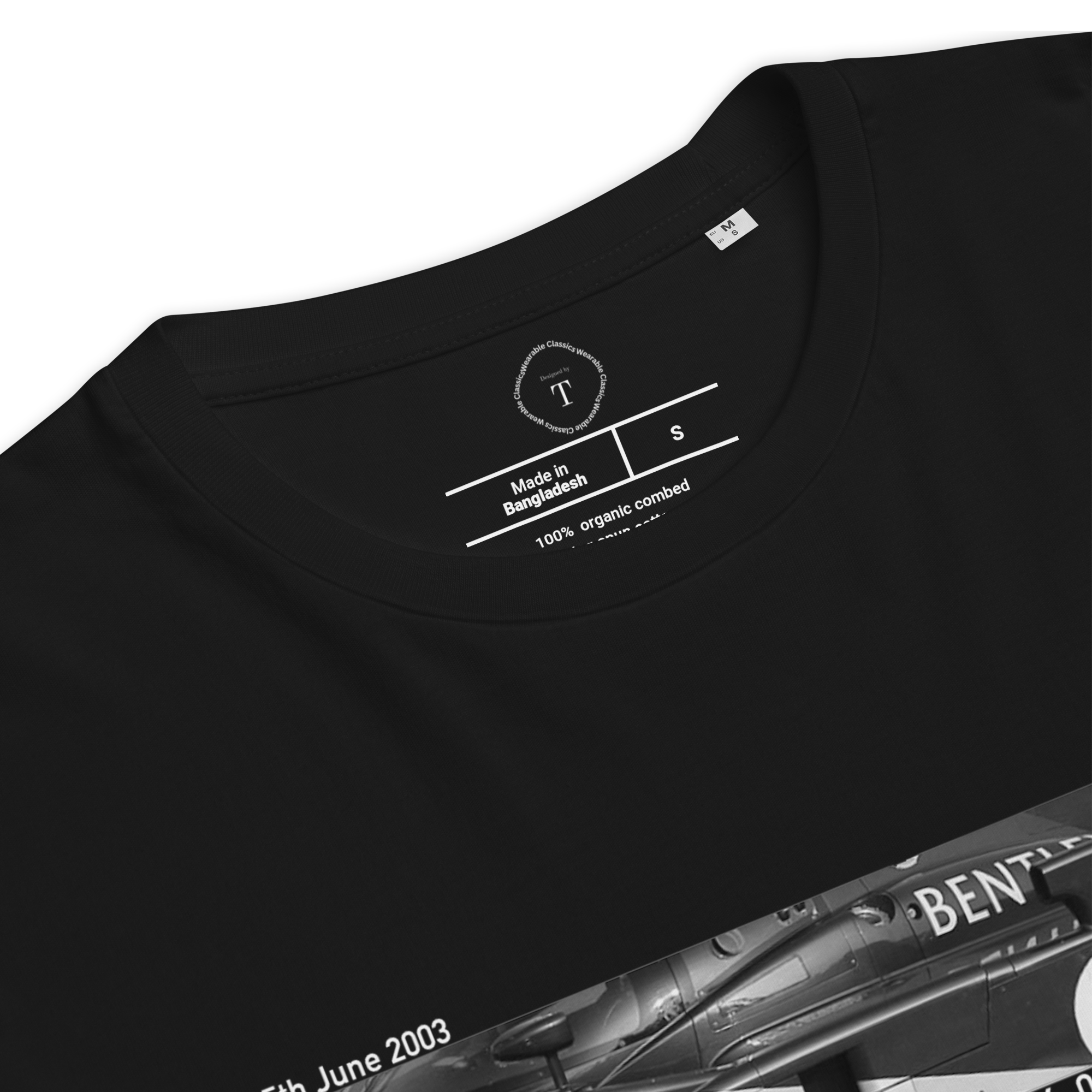 Black Unisex Cotton T-Shirt folded close up with banner image of Bentley 2003 at Le Mans in the centre with text of coordinates and date of race