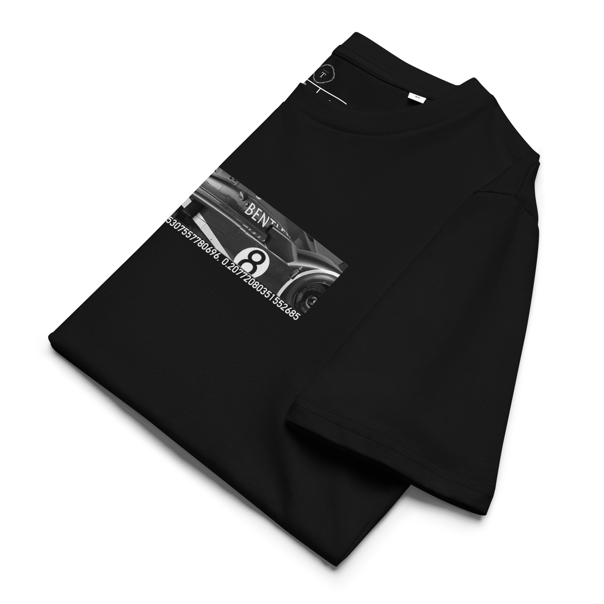 Black Unisex Cotton T-Shirt folded close up with banner image of Bentley 2003 at Le Mans in the centre with text of coordinates and date of race