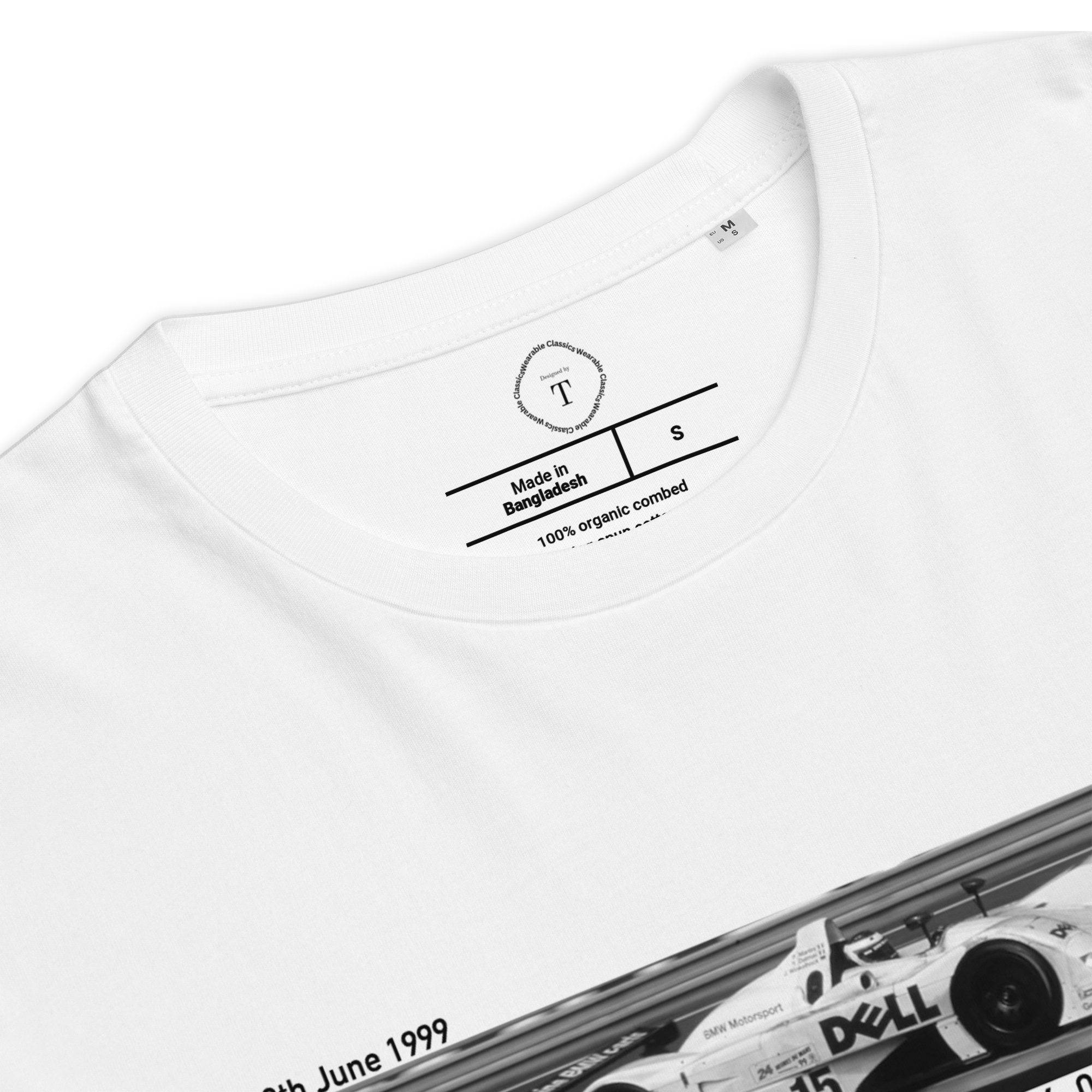White Unisex Cotton T-Shirt folded close up with banner image of BMW Motorsport 1999 at Le Mans in the centre with text of coordinates and date of race