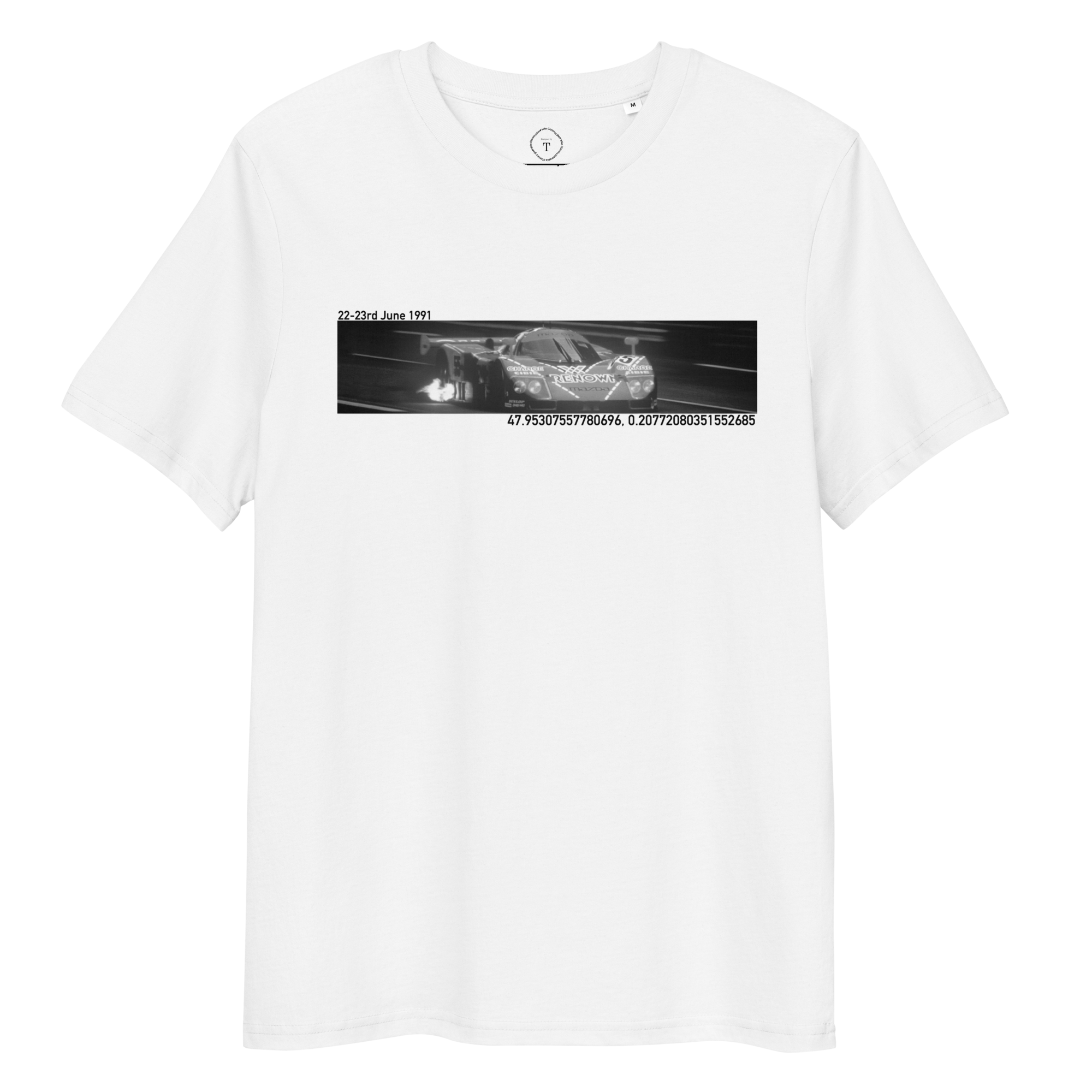White Unisex Cotton T-Shirt full view with banner image of Mazda 787B 1991 at Le Mans in the centre with text of coordinates and date of race