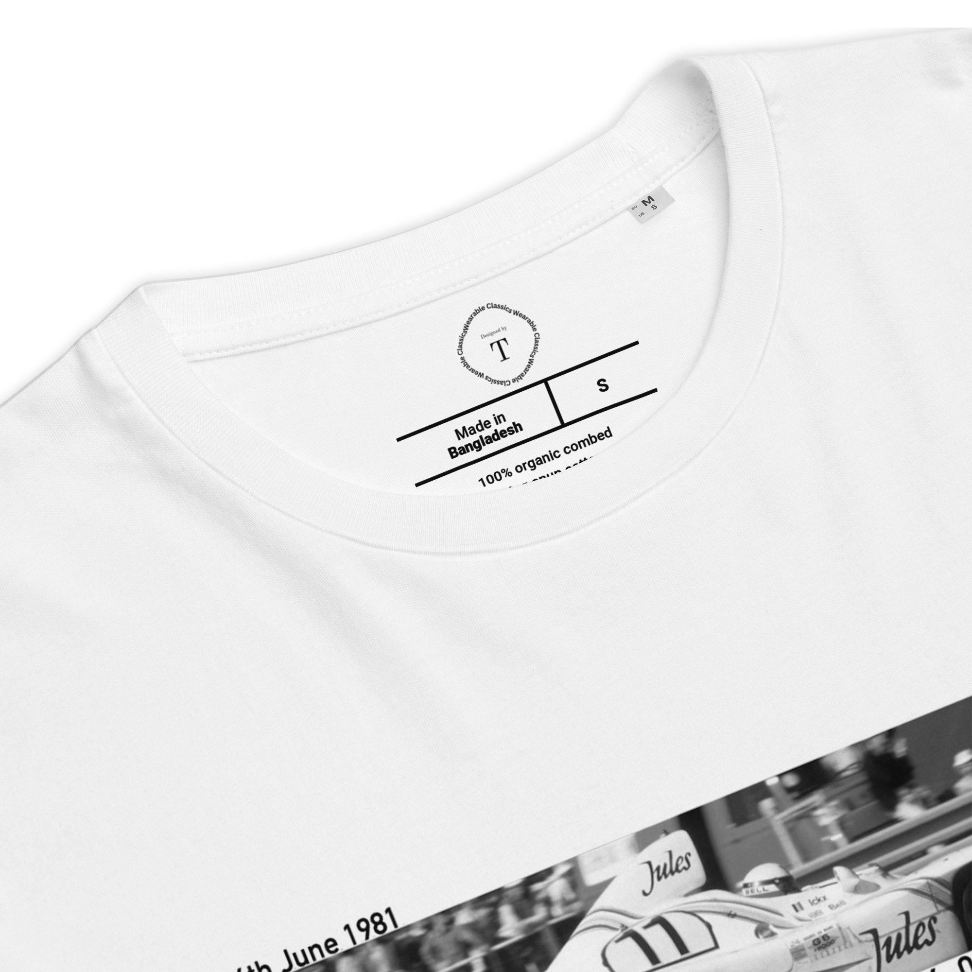 White Unisex Cotton T-Shirt folded close up with banner image of Porsche 1981 at Le Mans in the centre with text of coordinates and date of race
