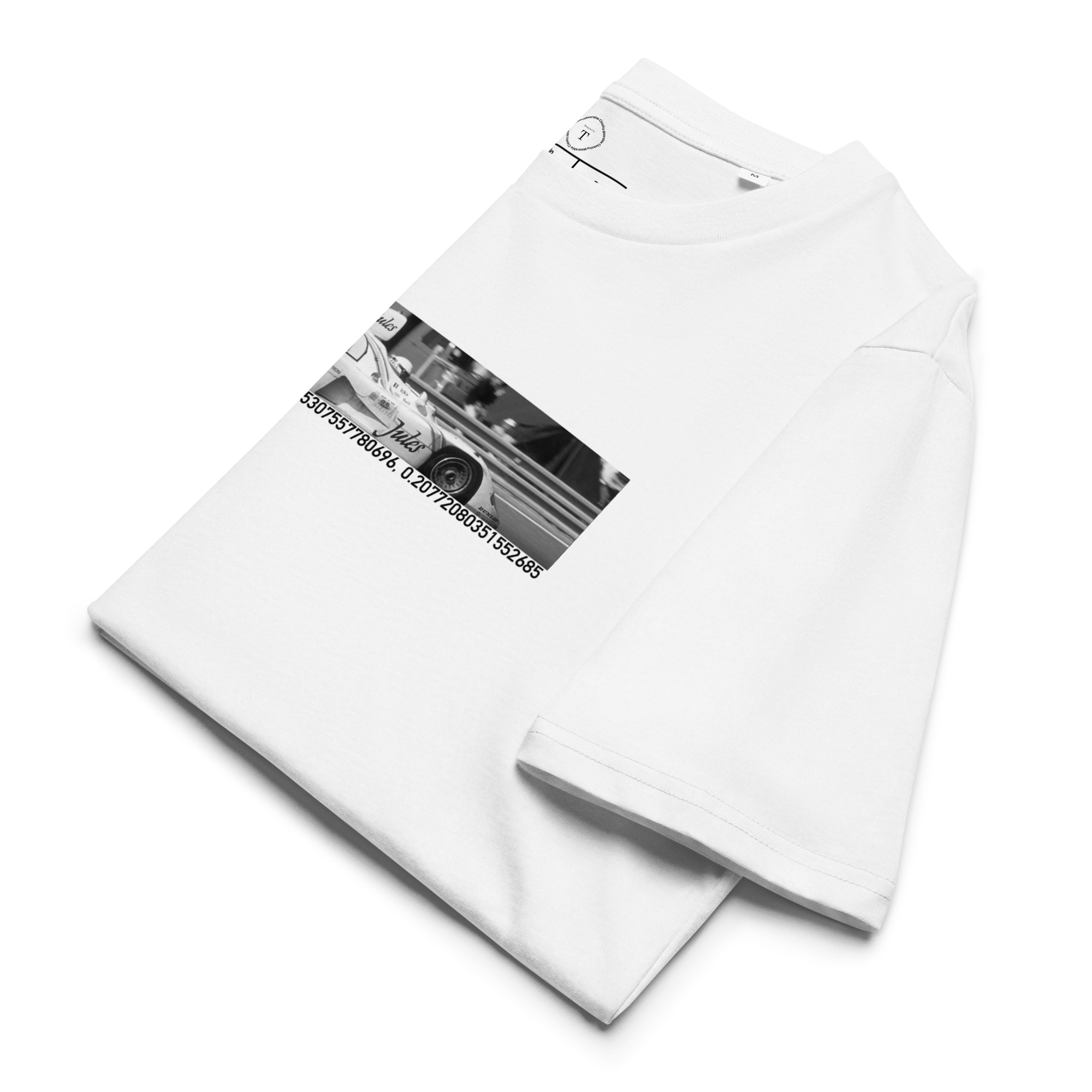 White Unisex Cotton T-Shirt folded close up with banner image of Porsche 1981 at Le Mans in the centre with text of coordinates and date of race