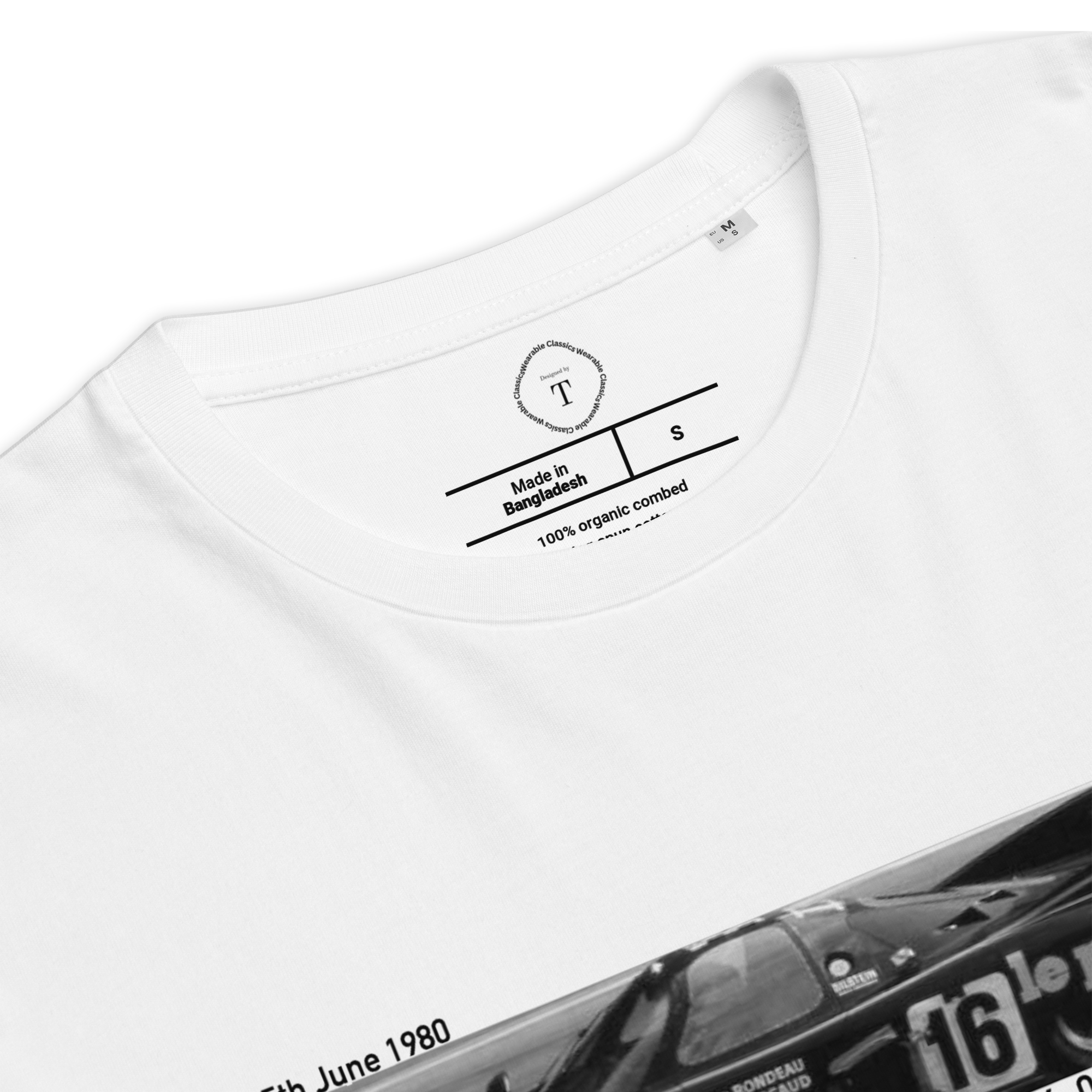 White Unisex Cotton T-Shirt folded close up with banner image of Ford 1980 at Le Mans in the centre with text of coordinates and date of race