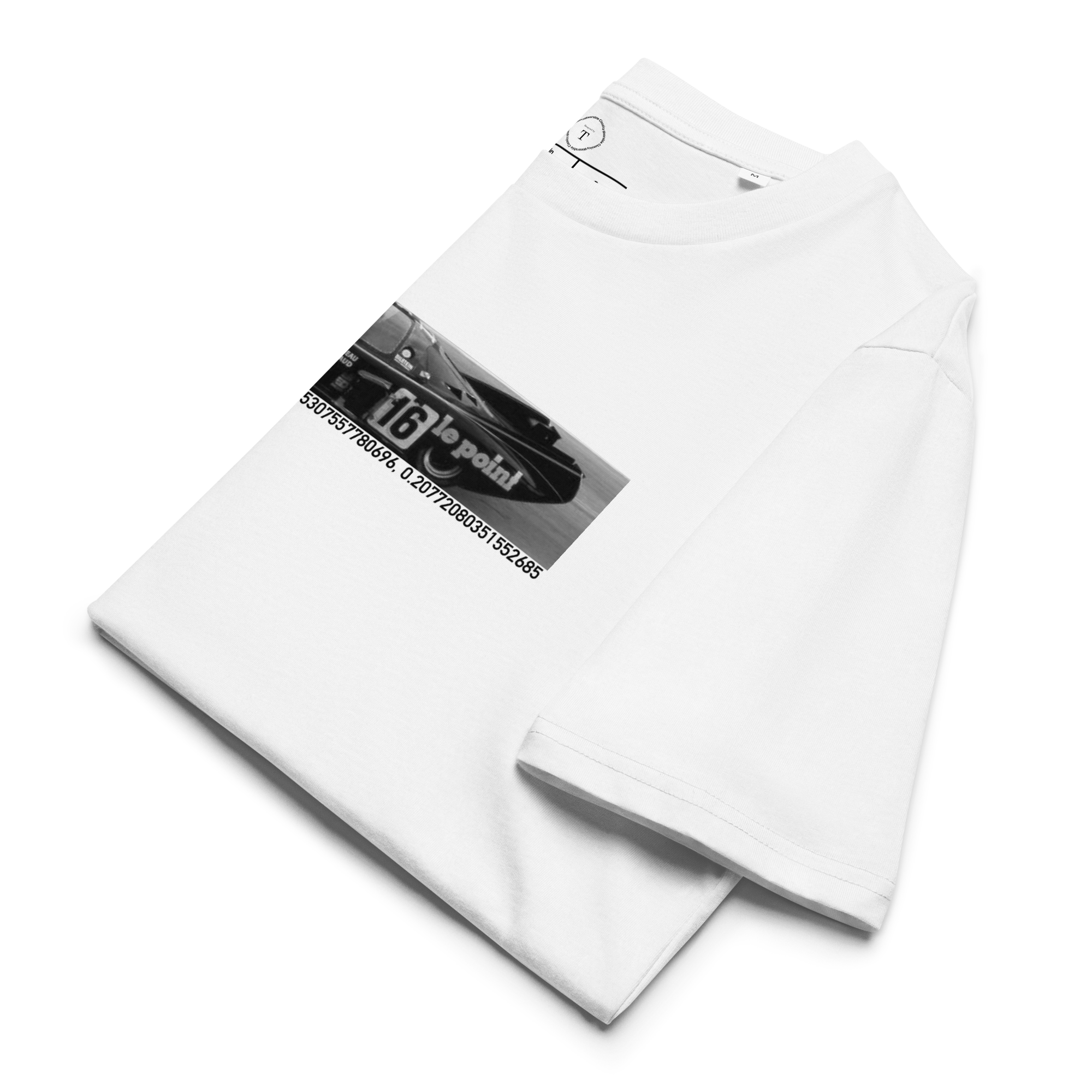 White Unisex Cotton T-Shirt folded close up with banner image of Ford 1980 at Le Mans in the centre with text of coordinates and date of race