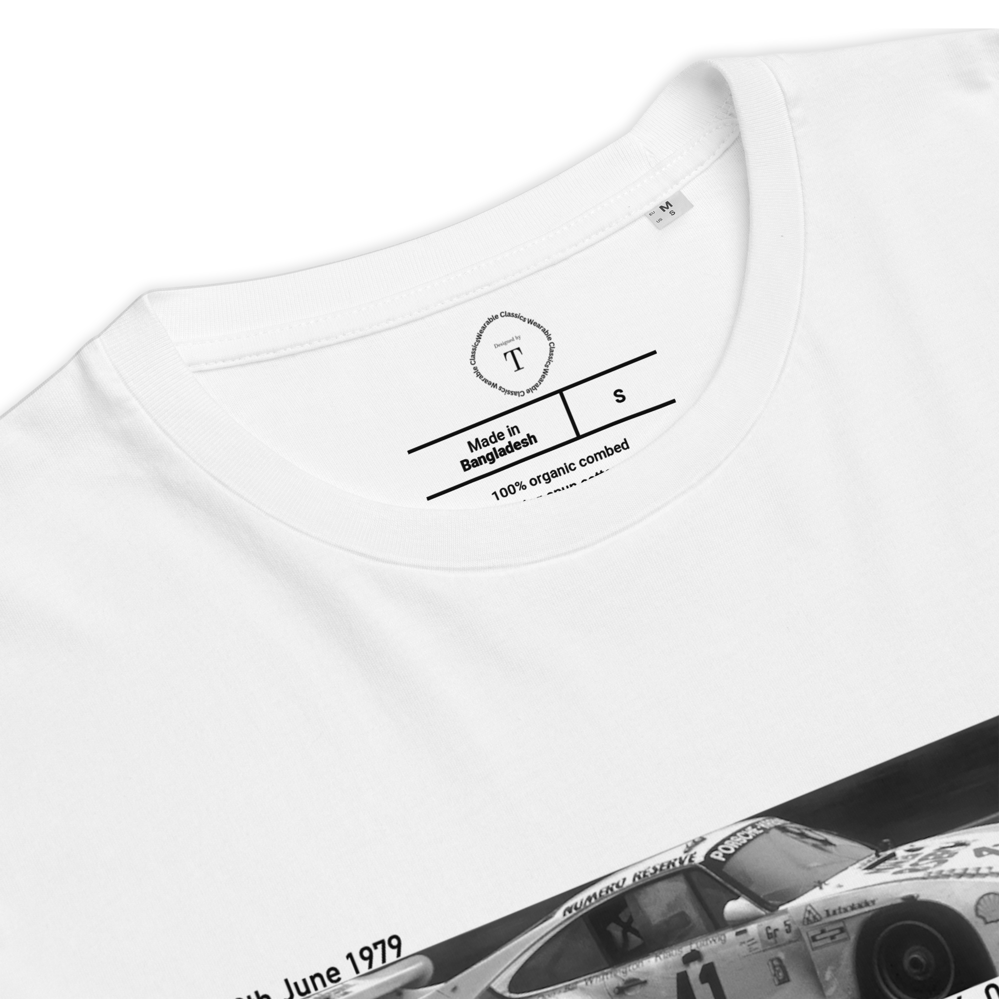 White Unisex Cotton T-Shirt folded close up with banner image of Porsche 1979 at Le Mans in the centre with text of coordinates and date of race