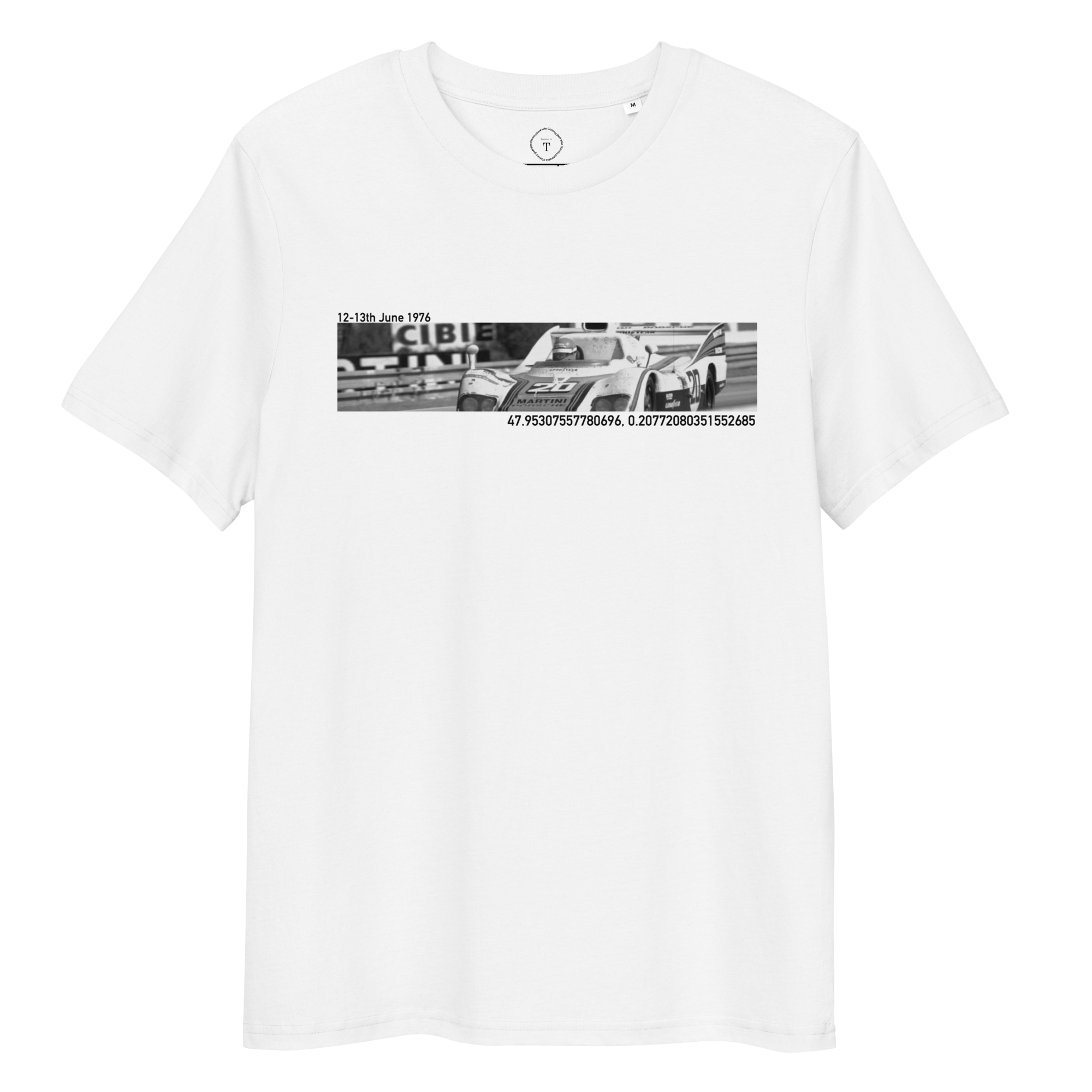 White Unisex Cotton T-Shirt full view with banner image of Porsche 1976 at Le Mans in the centre with text of coordinates and date of race