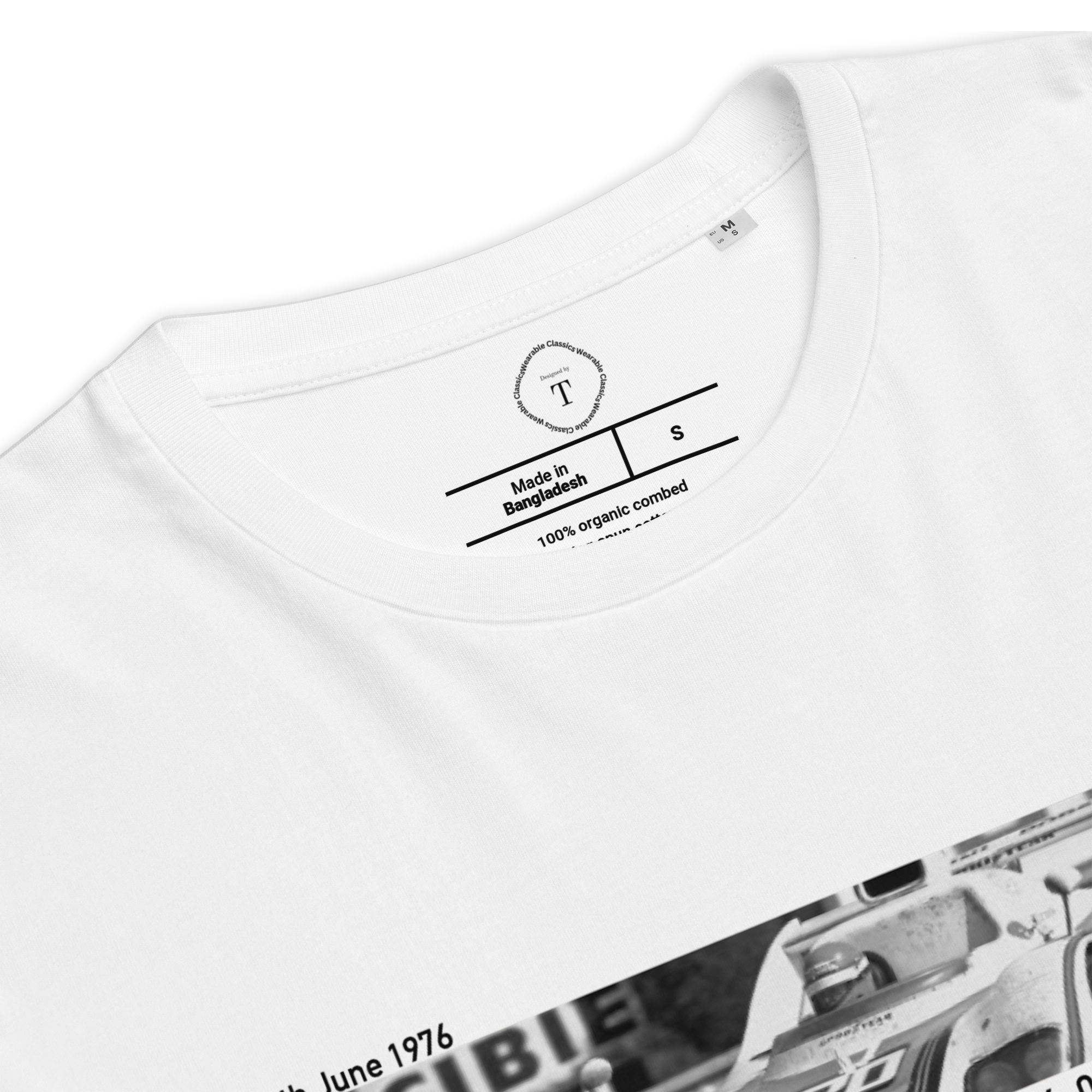 White Unisex Cotton T-Shirt folded close up with banner image of Porsche 1976 at Le Mans in the centre with text of coordinates and date of race