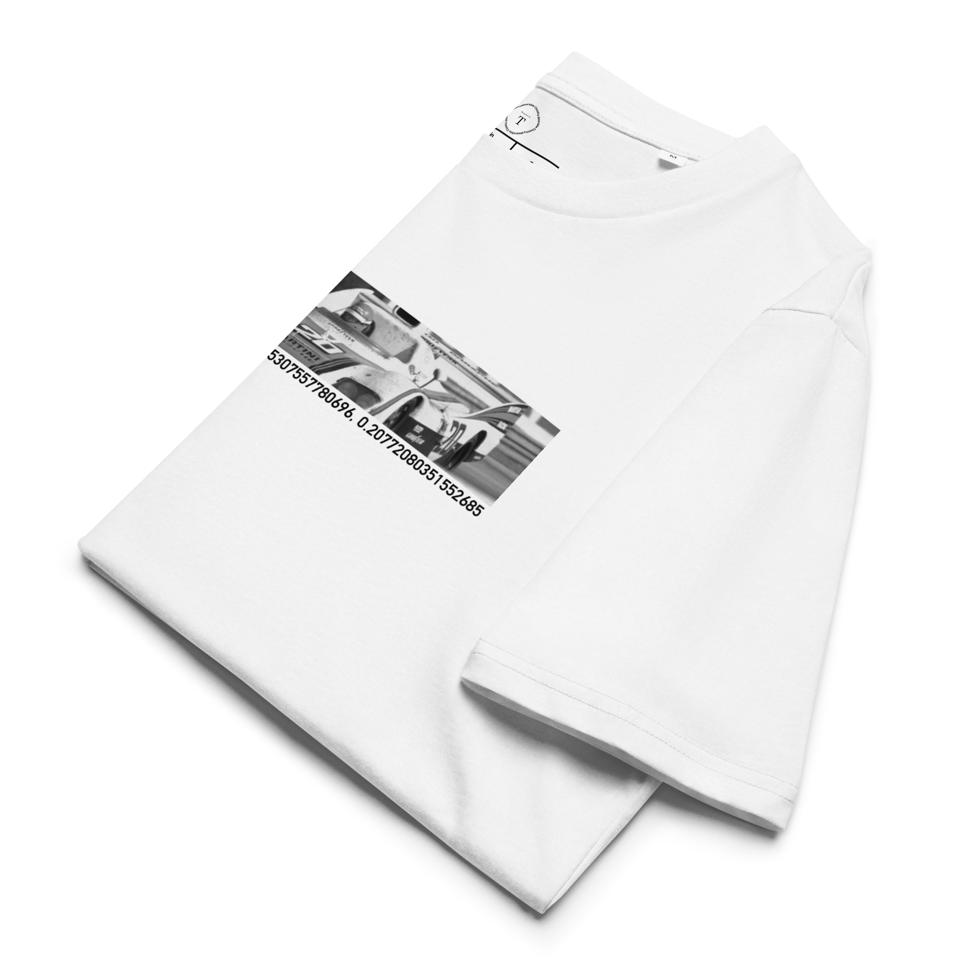 White Unisex Cotton T-Shirt folded close up with banner image of Porsche 1976 at Le Mans in the centre with text of coordinates and date of race