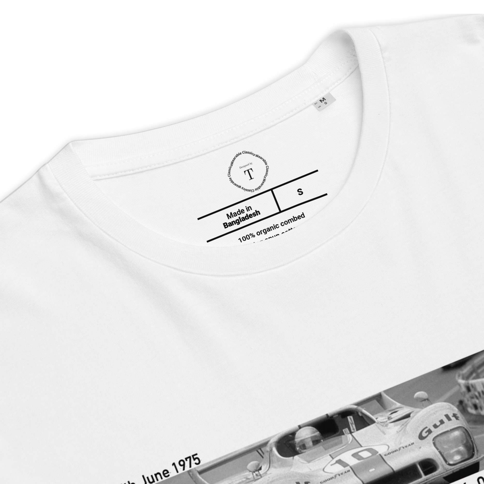 White Unisex Cotton T-Shirt folded close up with banner image of Ford 1975 at Le Mans in the centre with text of coordinates and date of race