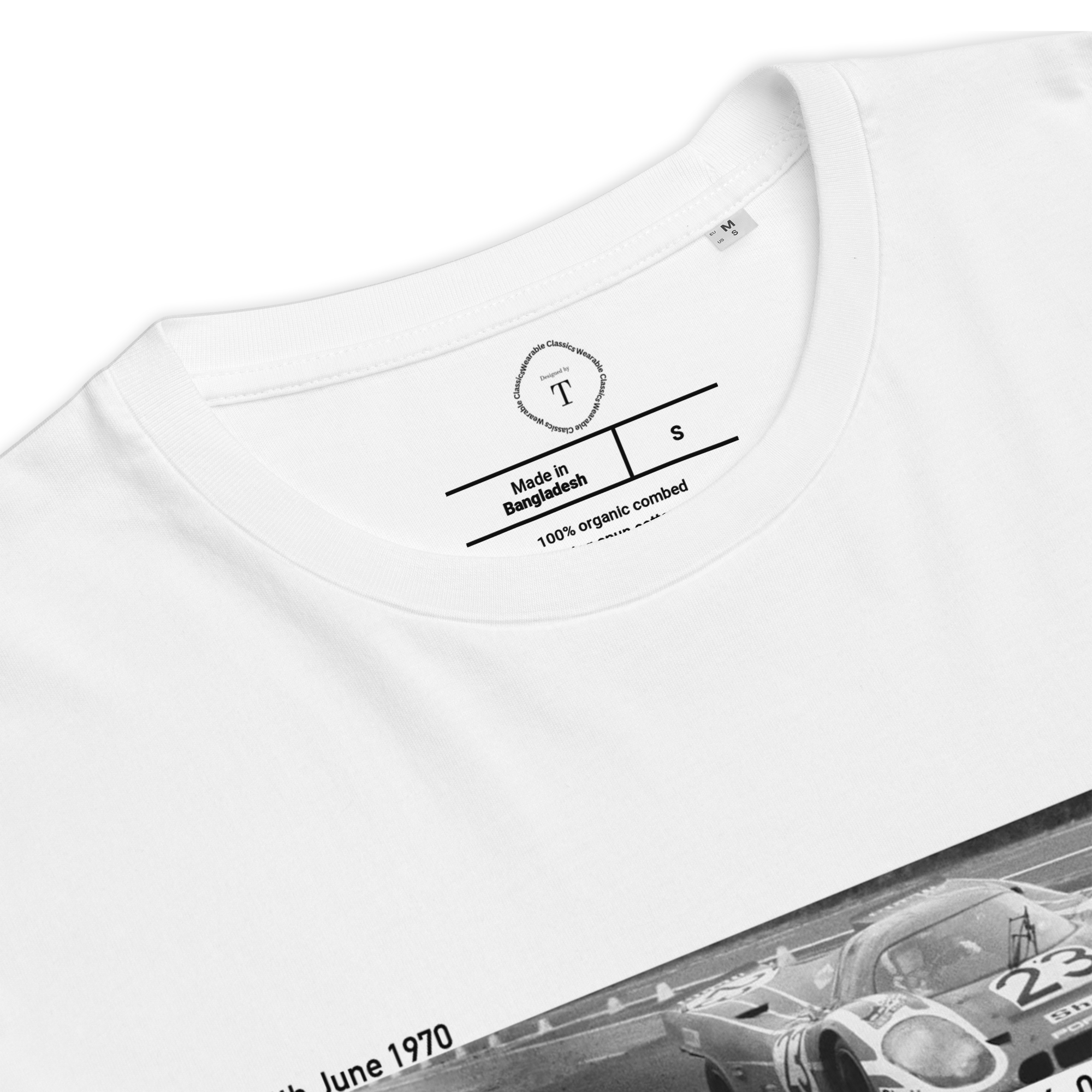 White Unisex Cotton T-Shirt folded close up with banner image of Porsche 1970 at Le Mans in the centre with text of coordinates and date of race