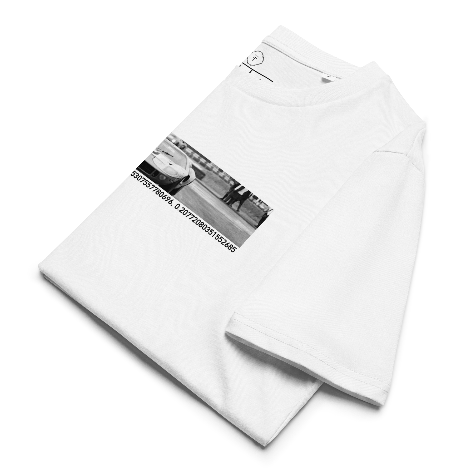 White Unisex Cotton T-Shirt folded close up with banner image of Ford GT40 1968 at Le Mans in the centre with text of coordinates and date of race