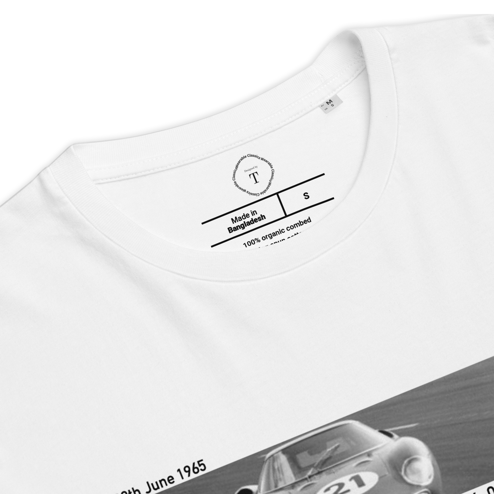 White Unisex Cotton T-Shirt folded close up with banner image of 1965 Ferrari at Le Mans in the centre with text of coordinates and date of race