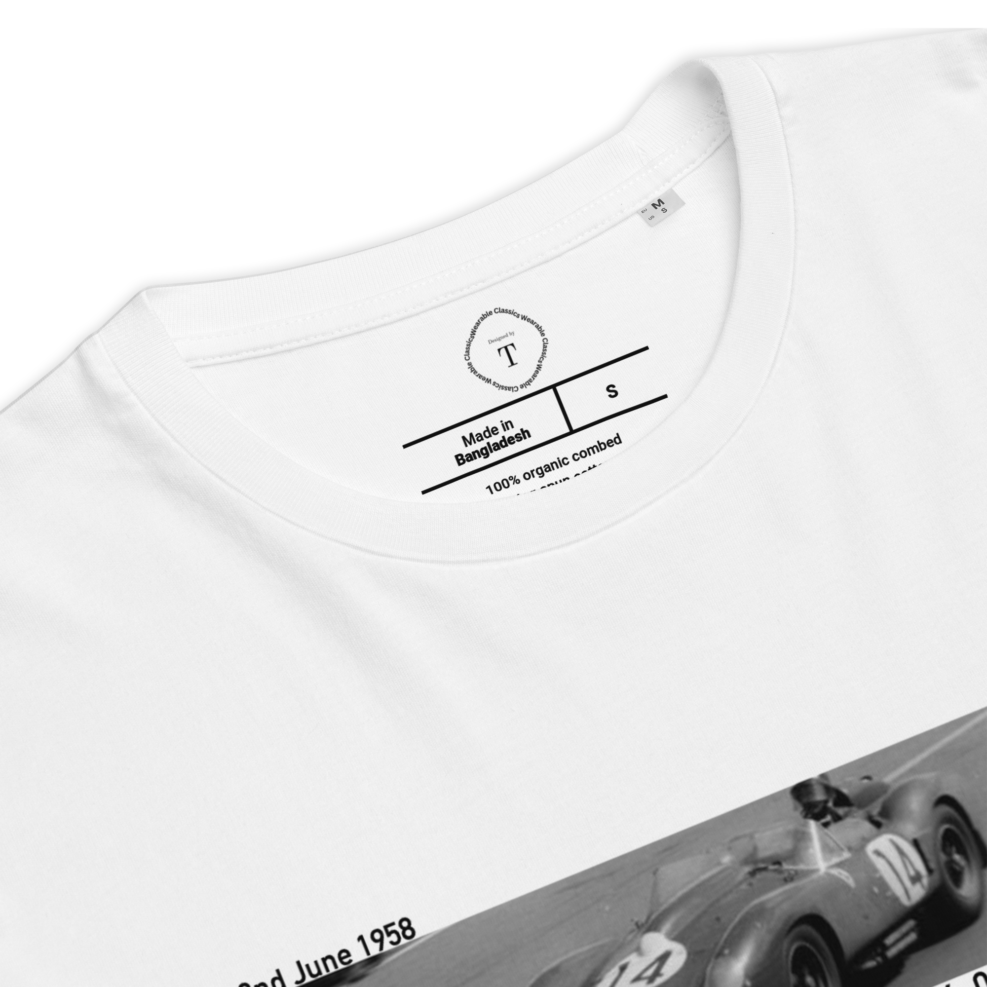 White Unisex Cotton T-Shirt folded close up with banner image of 1958 Ferrari at Le Mans in the centre with text of coordinates and date of race