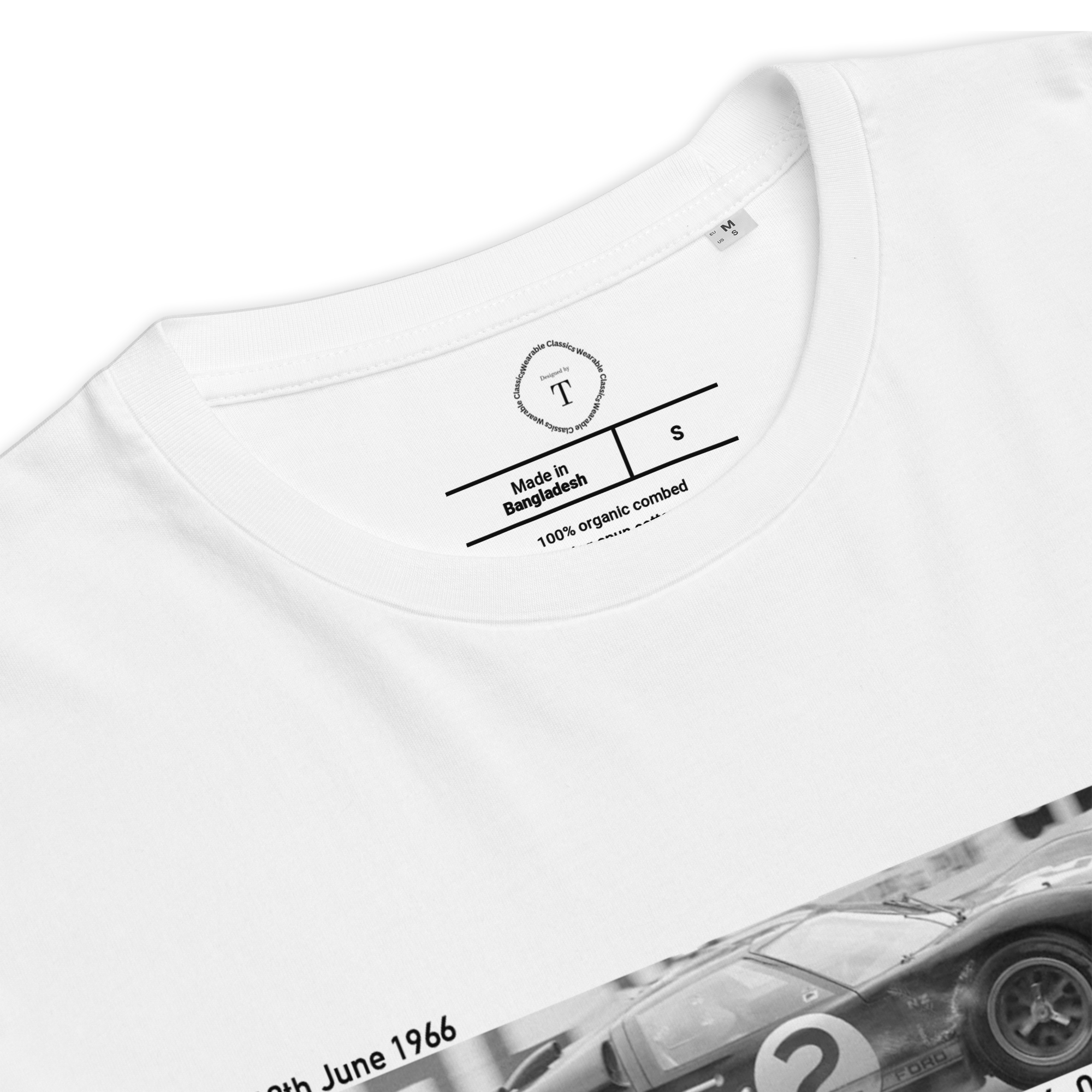White Unisex Cotton T-Shirt folded close up with banner image of Le Mans 1966 Ford GT40 at Le Mans in the centre with text of coordinates and date of race