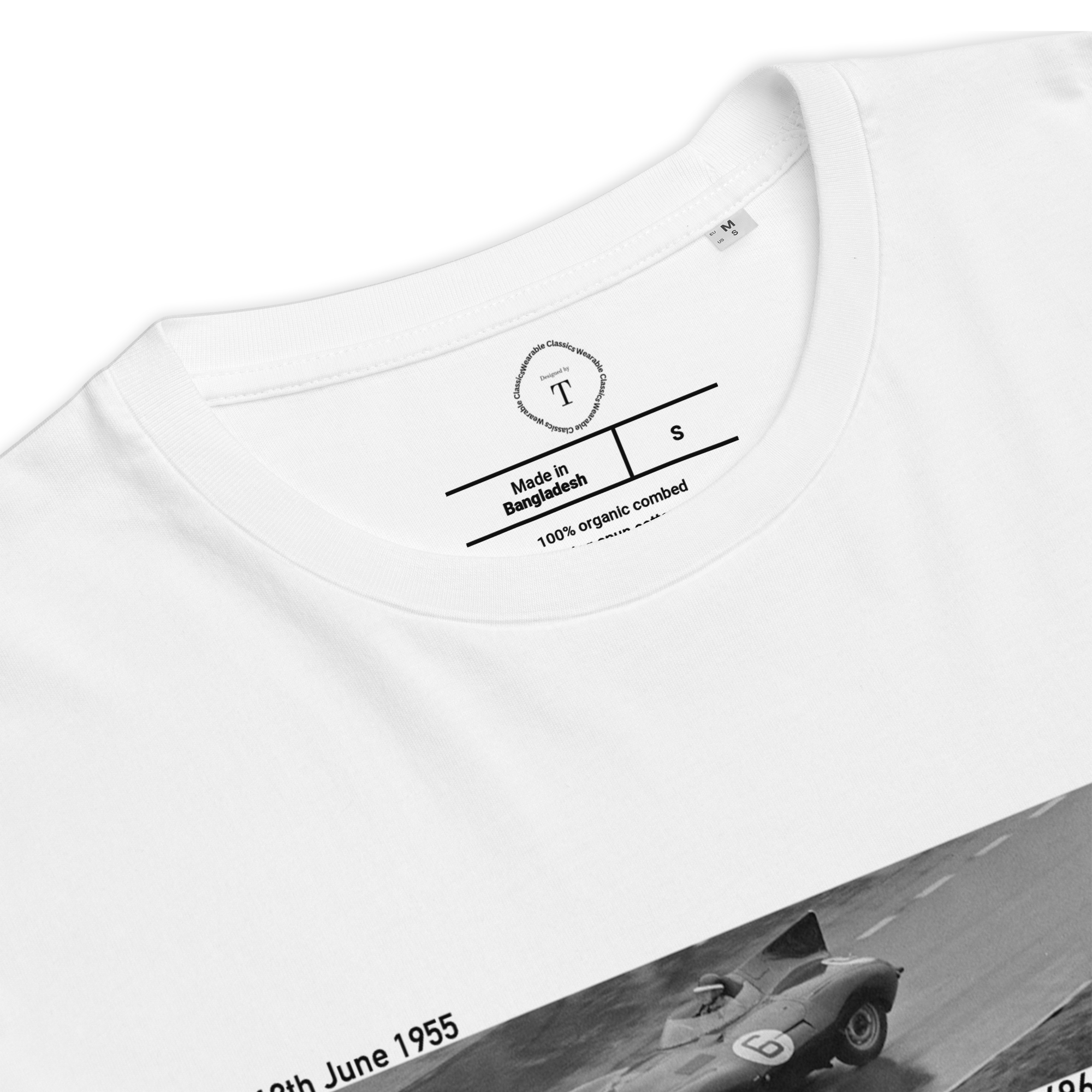 White Unisex Cotton T-Shirt folded close up with banner image of 1955 Jaguar D Type at Le Mans in the centre with text of coordinates and date of race