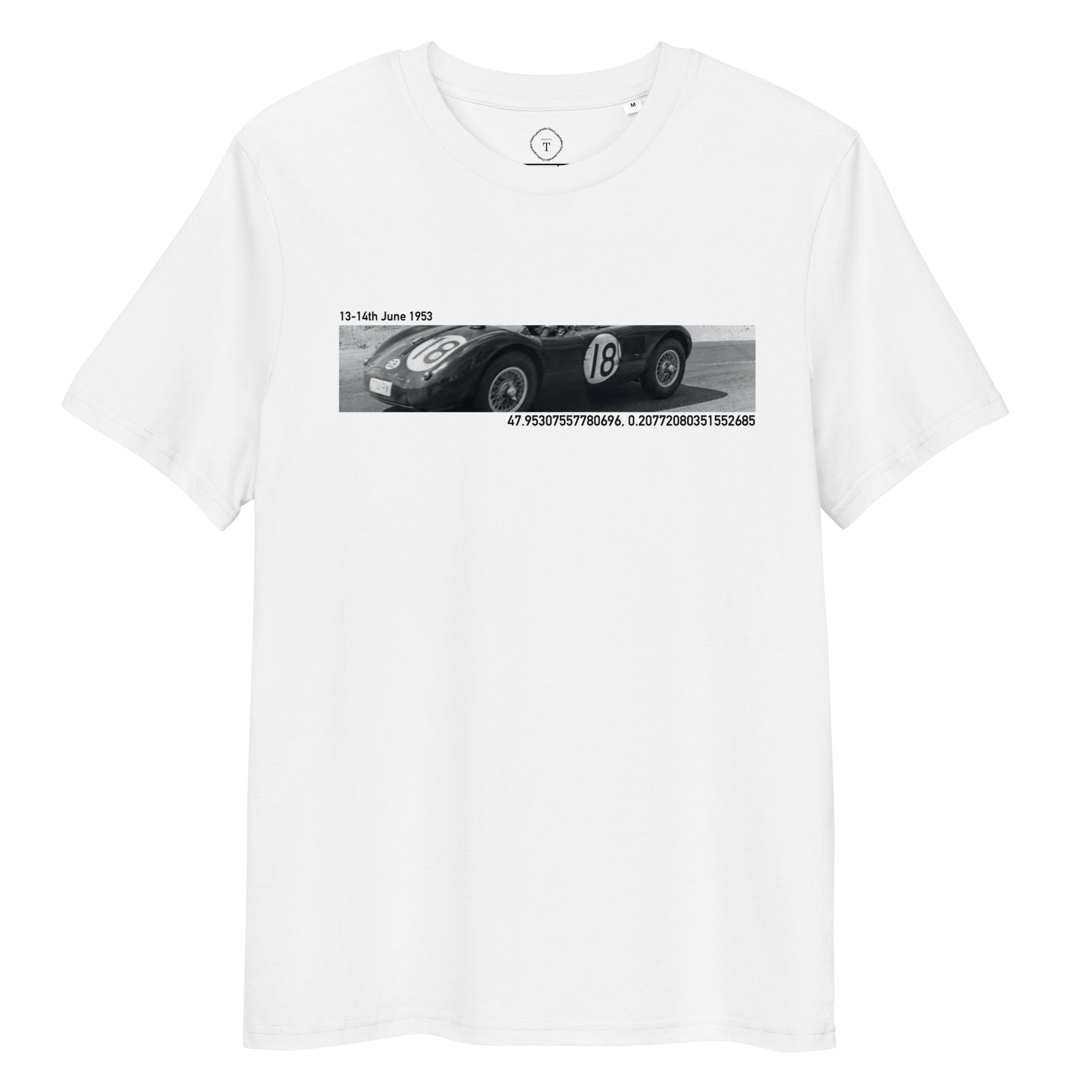 White Unisex Cotton T-Shirt folded close up with banner image of 1953 Jaguar C Type at Le Mans in the centre with text of coordinates and date of race