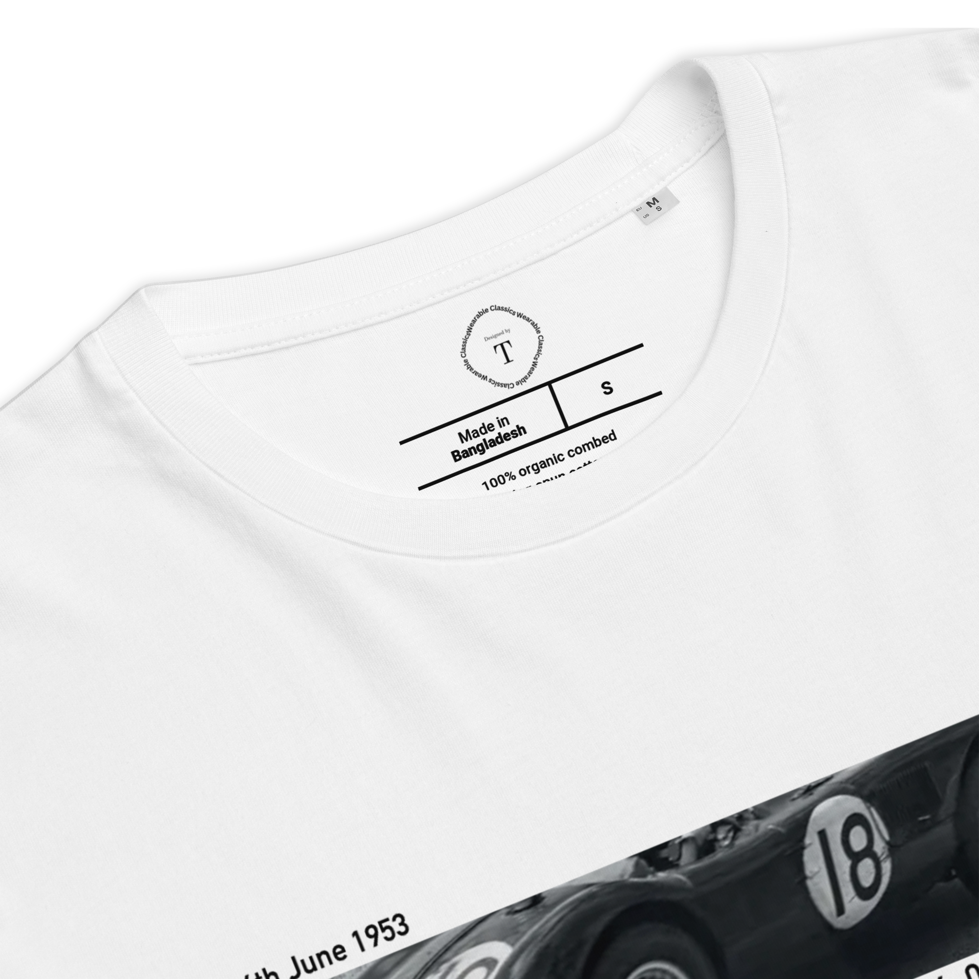 White Unisex Cotton T-Shirt folded close up with banner image of 1953 Jaguar C Type at Le Mans in the centre with text of coordinates and date of race