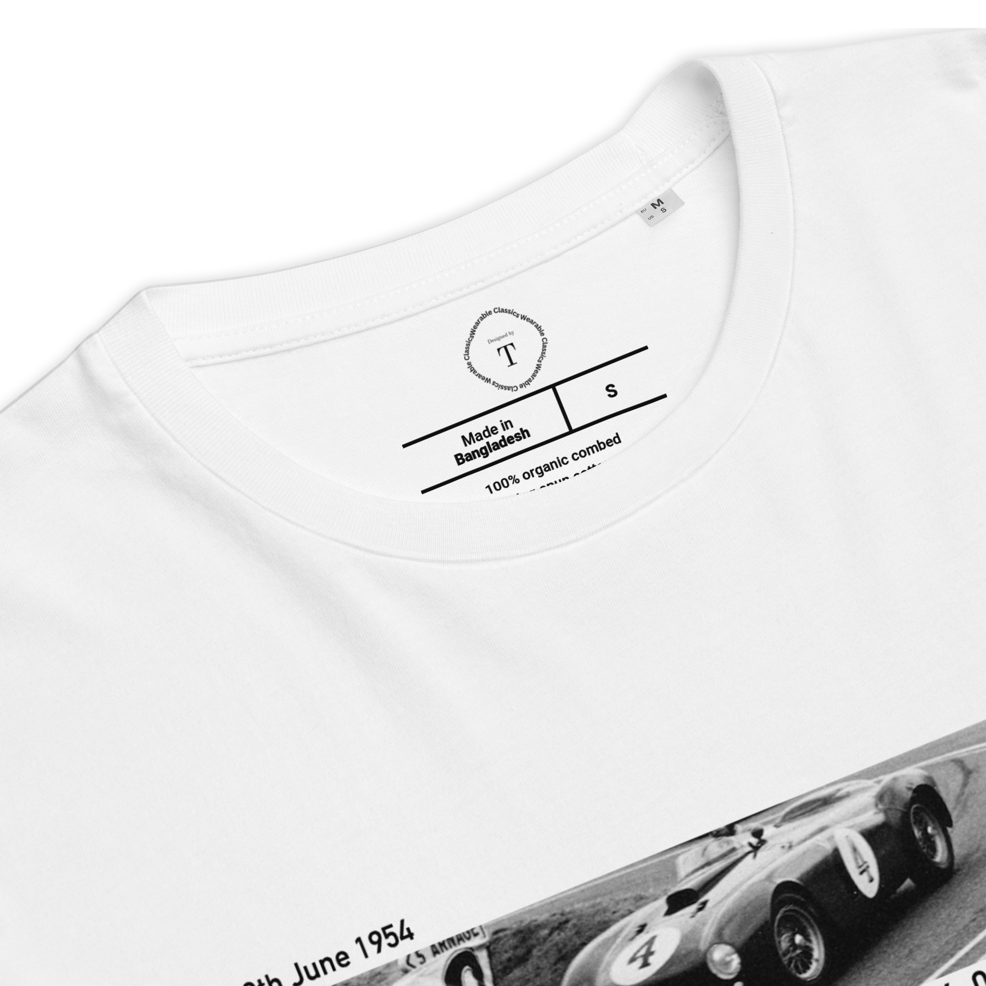 White Unisex Cotton T-Shirt folded close up with banner image of 1954 Ferrari at Le Mans in the centre with text of coordinates and date of race