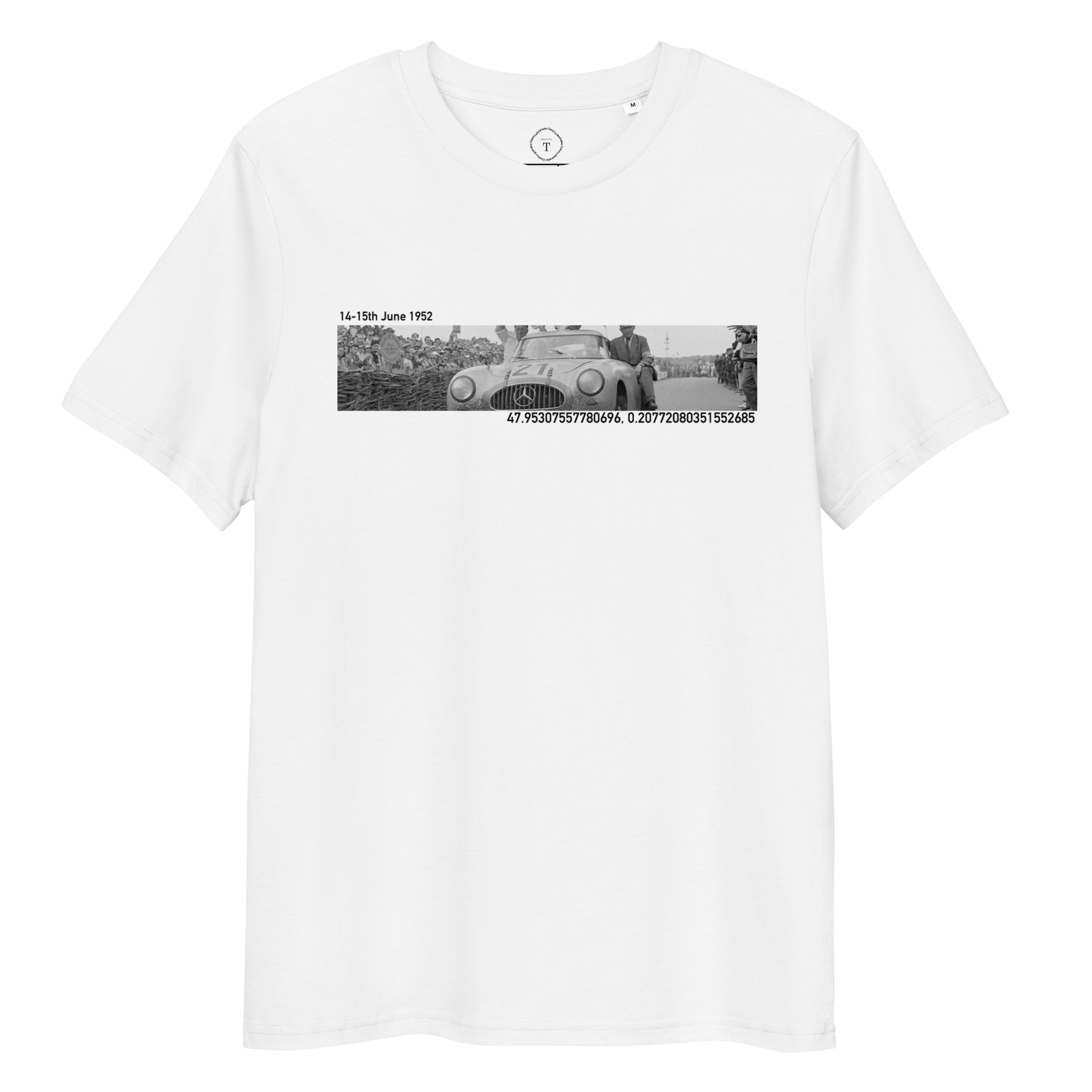 White Unisex Cotton T-Shirt full view with banner image of 1952 Mercedes 300SL Gullwing at Le Mans in the centre with text of coordinates and date of race