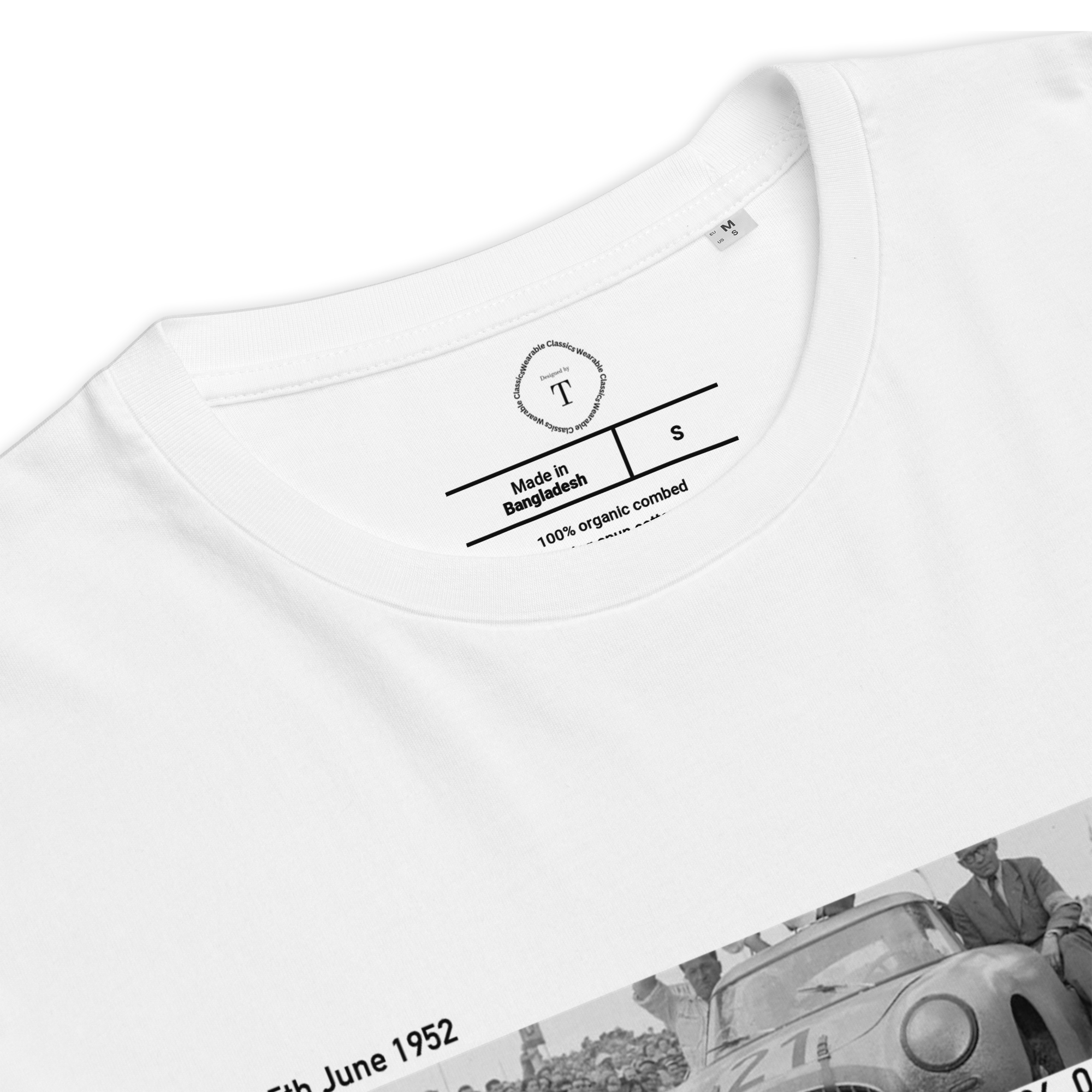 White Unisex Cotton T-Shirt folded close up with banner image of 1952 Mercedes 300SL Gullwing at Le Mans in the centre with text of coordinates and date of race
