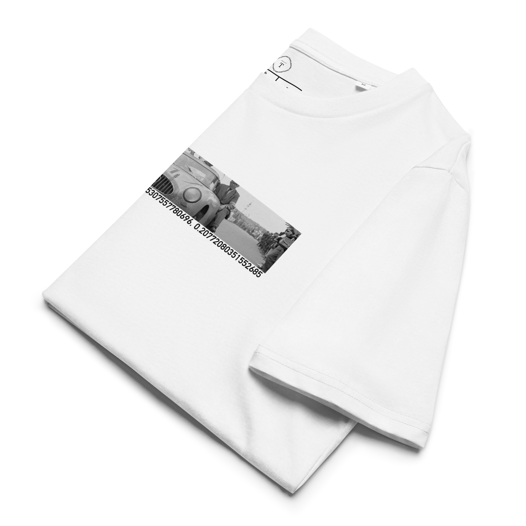 White Unisex Cotton T-Shirt folded close up with banner image of 1952 Mercedes 300SL Gullwing at Le Mans in the centre with text of coordinates and date of race