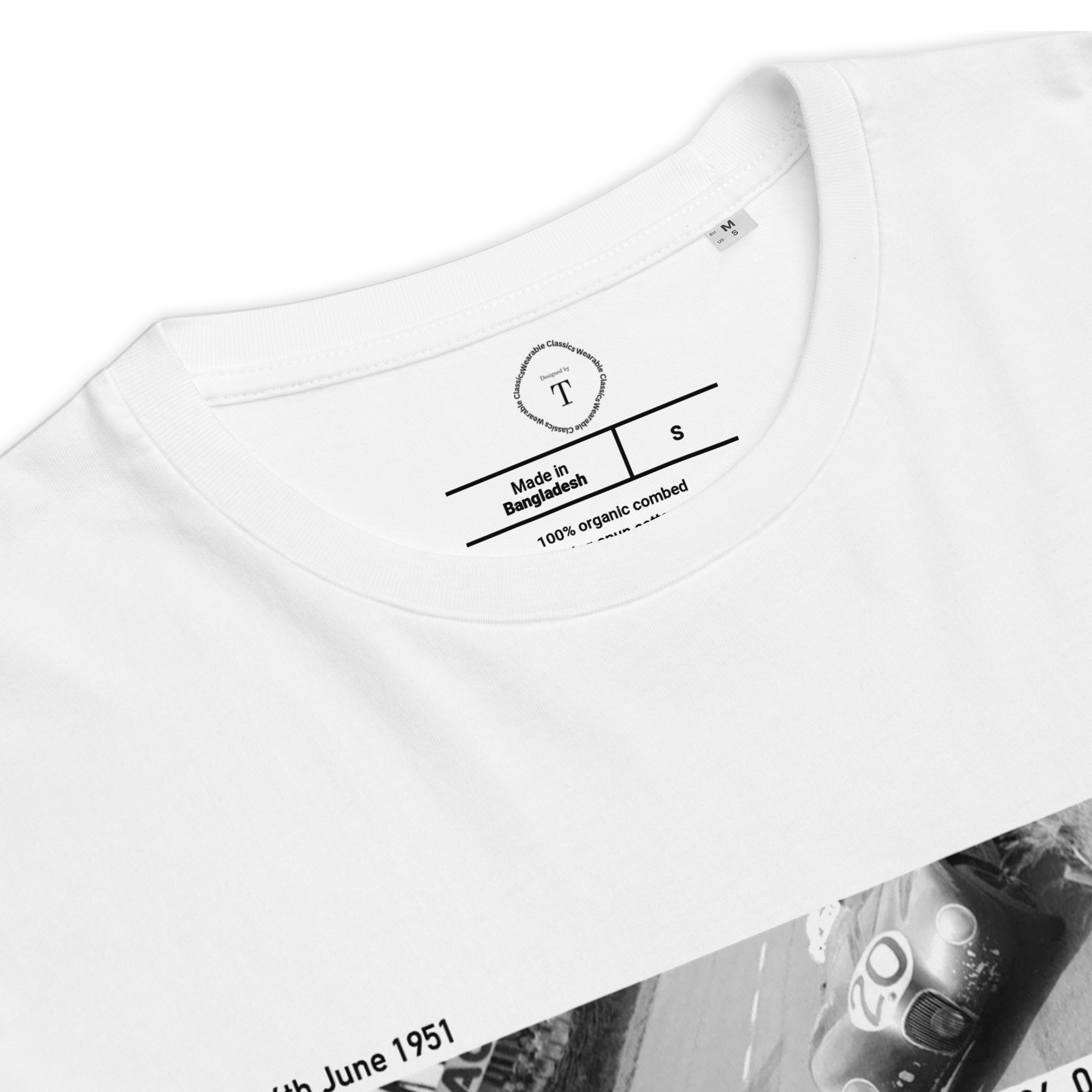 White Unisex Cotton T-Shirt folded close up with banner image of 1951 Victor Jaguar C Type at Le Mans in the centre with text of coordinates and date of race