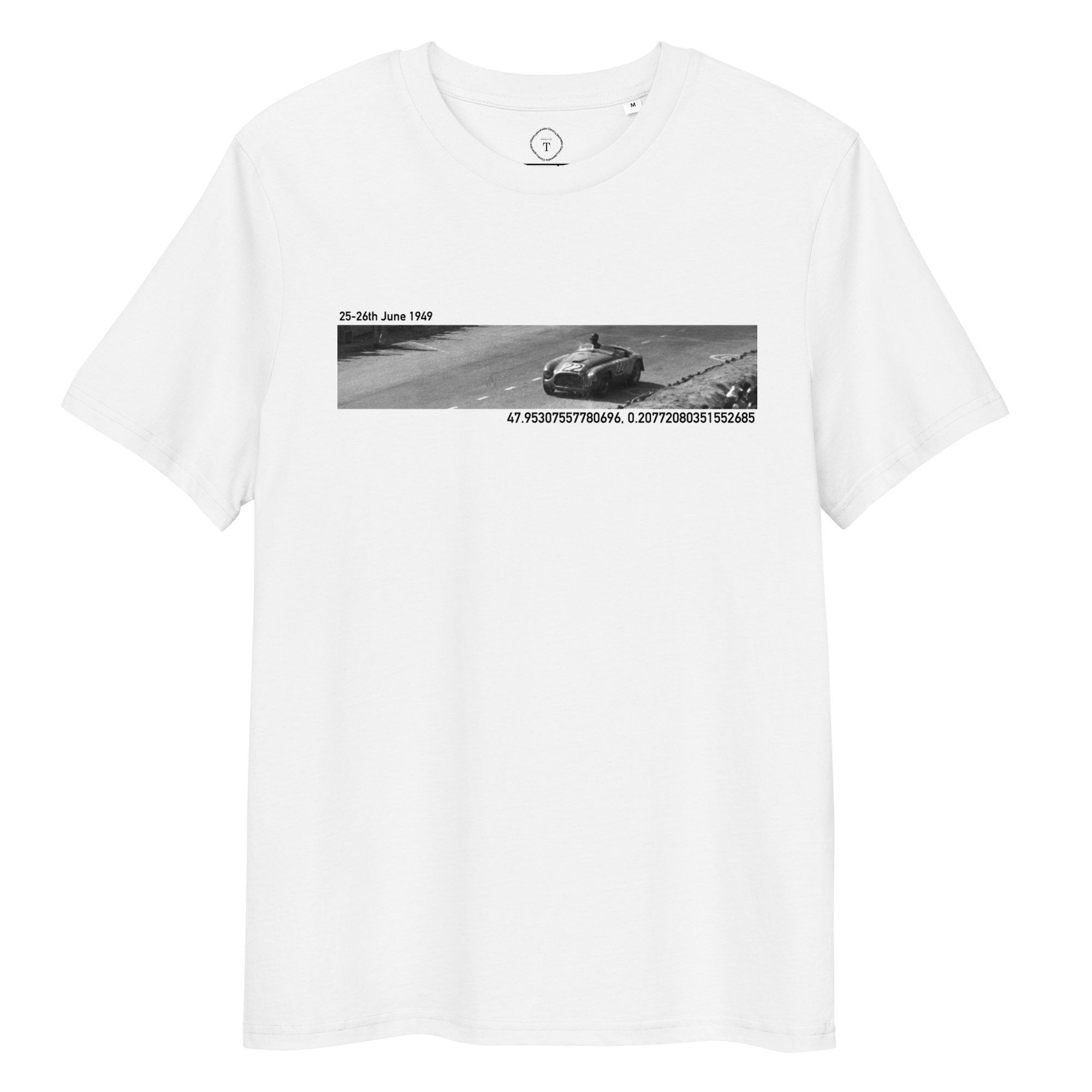 White Unisex Cotton T-Shirt full view with banner image of 1949 Victor Ferrari at Le Mans in the centre with text of coordinates and date of race