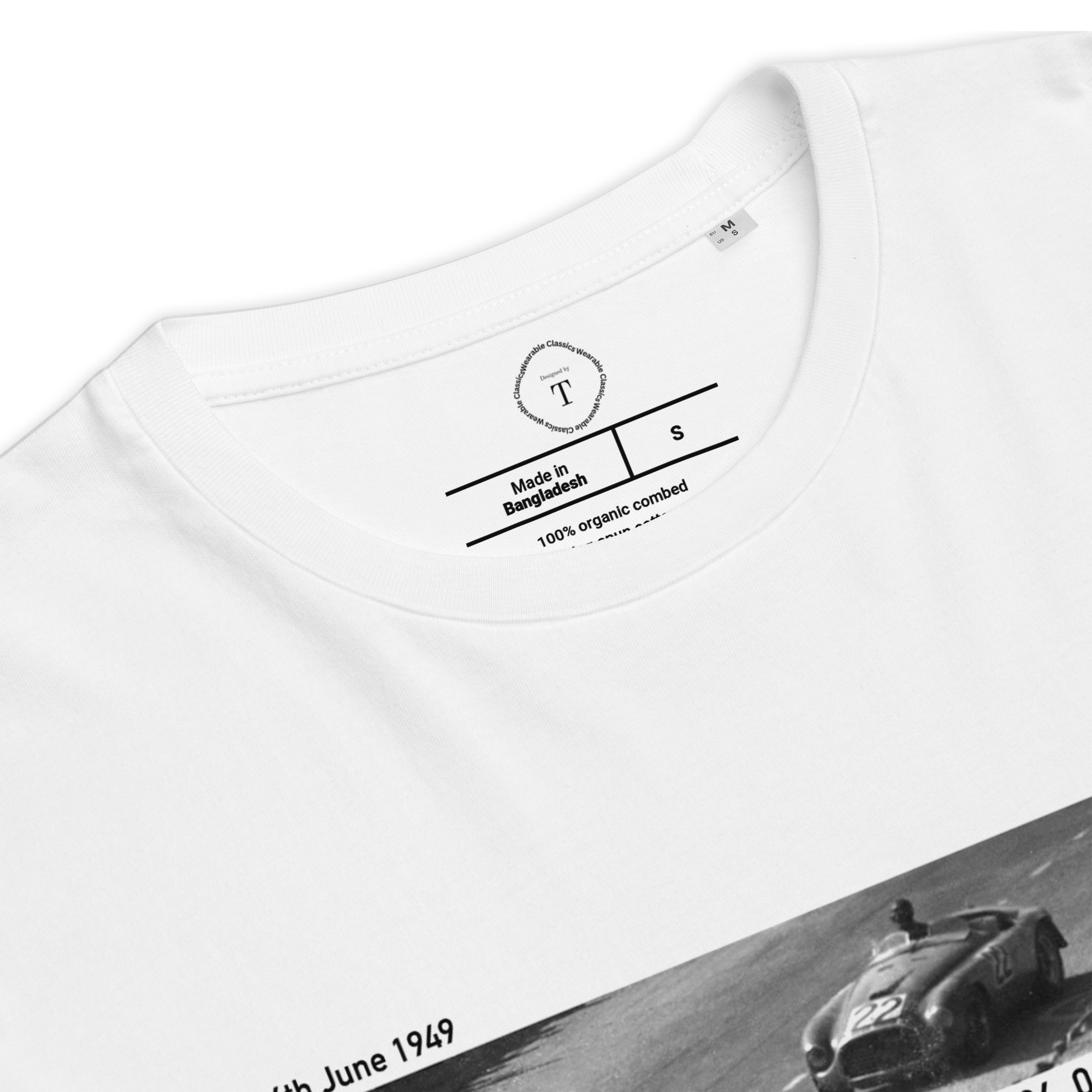White Unisex Cotton T-Shirt folded close up with banner image of 1949 Victor Ferrari at Le Mans in the centre with text of coordinates and date of race