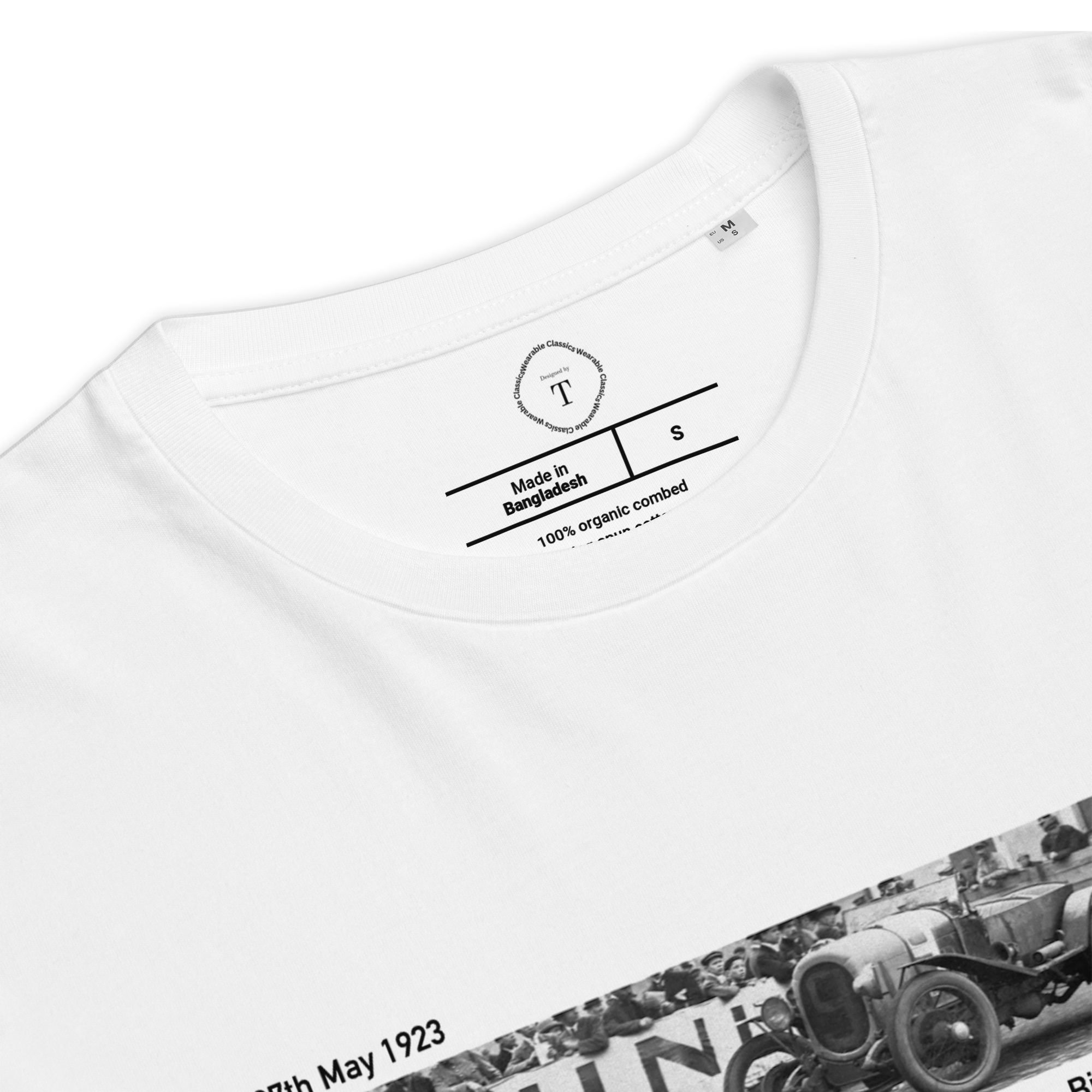 White Unisex Cotton T-Shirt folded close up with banner image of Le Mans 1923 Victor in the centre with text of coordinates and date of race