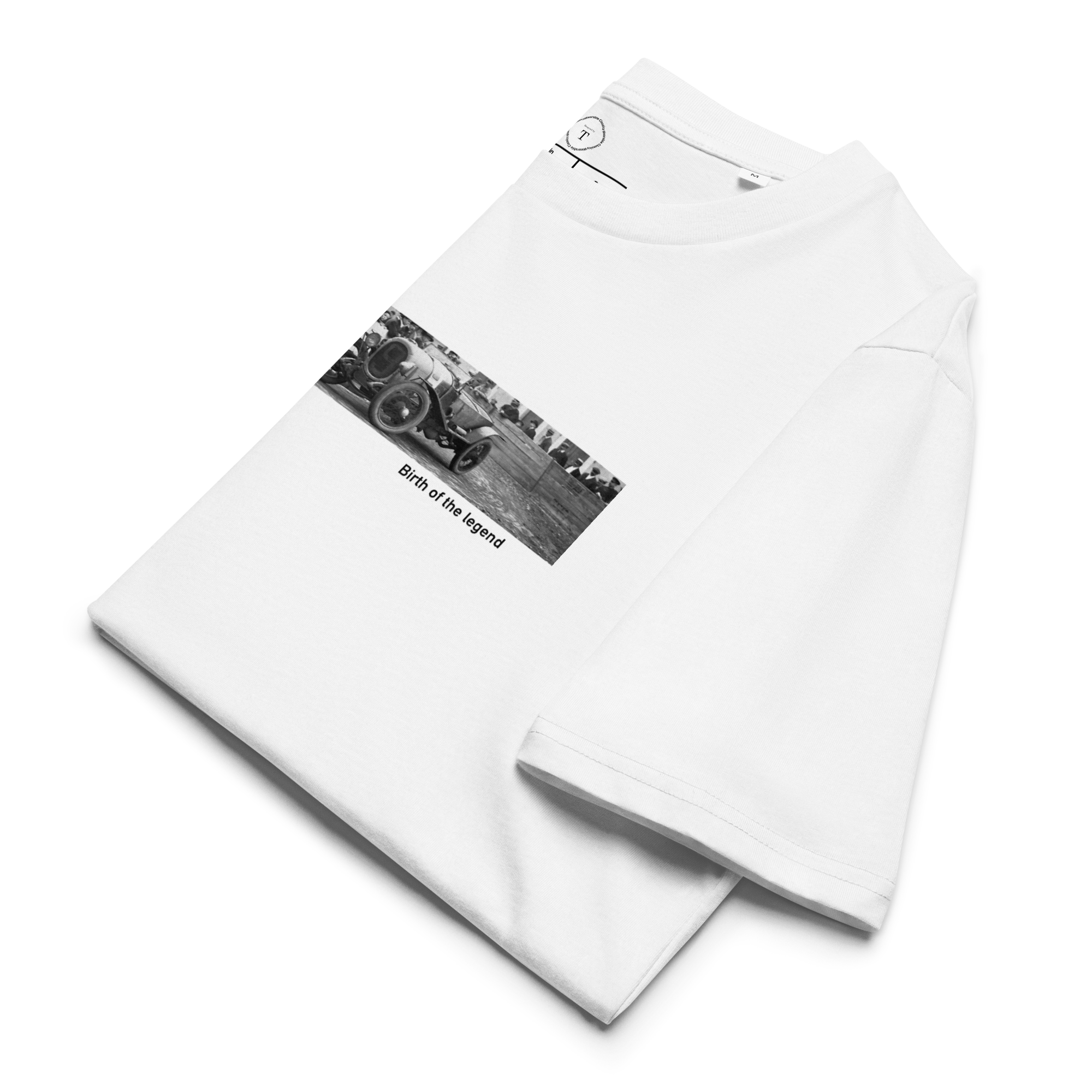 White Unisex Cotton T-Shirt folded close up with banner image of Le Mans 1923 Victor in the centre with text of coordinates and date of race
