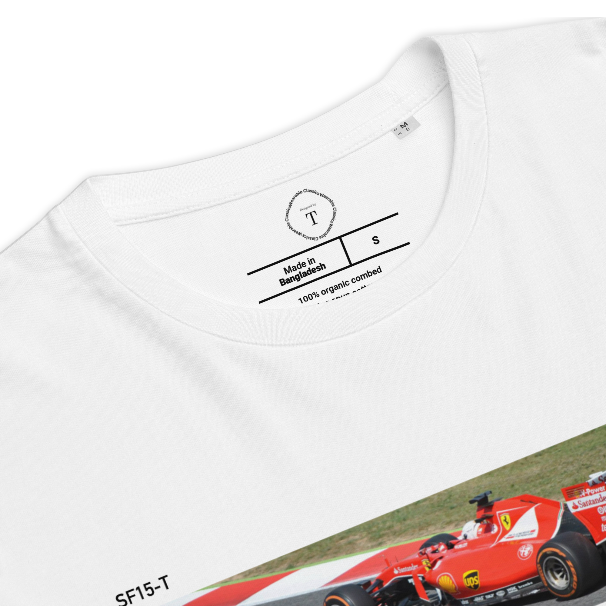 White Unisex Cotton T-Shirt folded close up with banner image of Ferrari F1 SF15 XJR-9 on track in the centre with text of coordinates and date of race