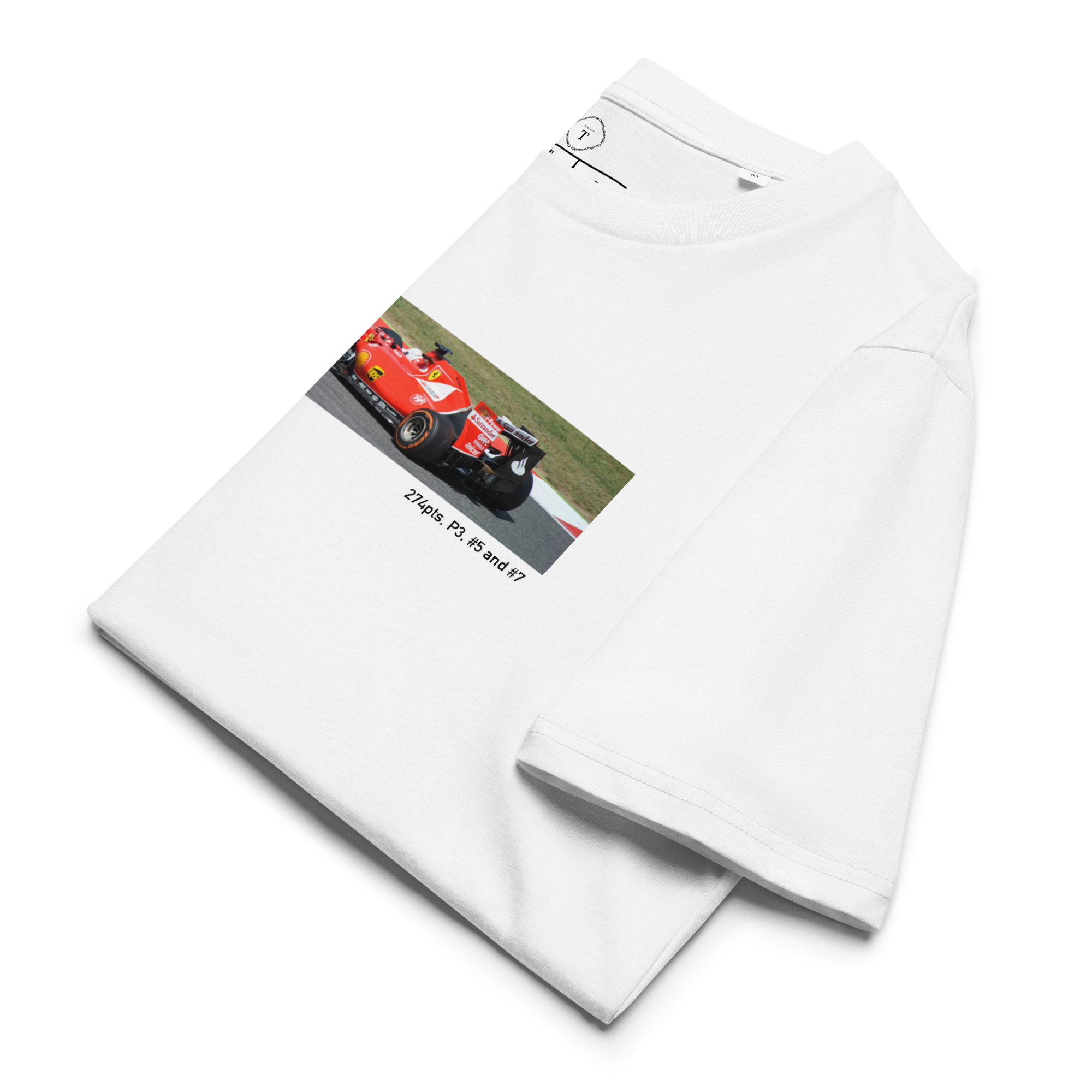 White Unisex Cotton T-Shirt folded close up with banner image of Ferrari F1 SF15 XJR-9 on track in the centre with text of coordinates and date of race