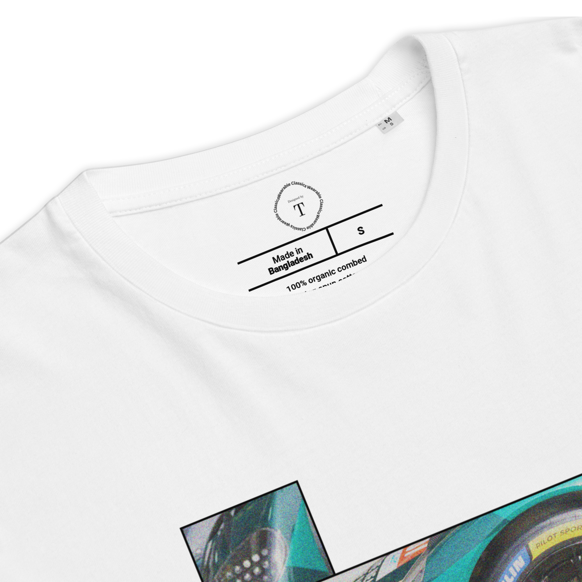 White Unisex Cotton T-Shirt folded close up with sqaure box design with photographs of Aston Martin from multiple angles at Le Mans