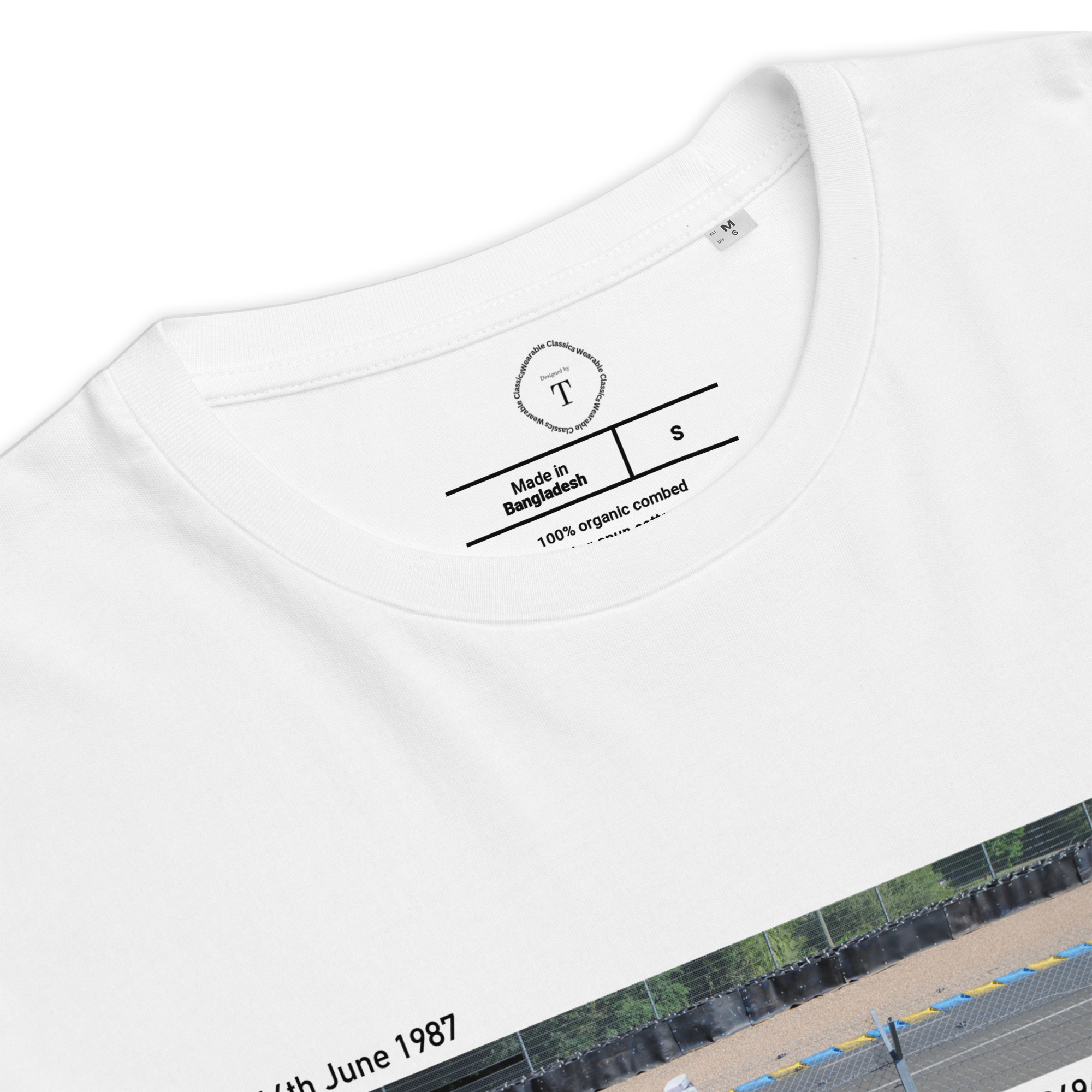 White Unisex Cotton T-Shirt folded close up with banner image of Jaguar XJR-9 at Le Mans in the centre with text of coordinates and date of race