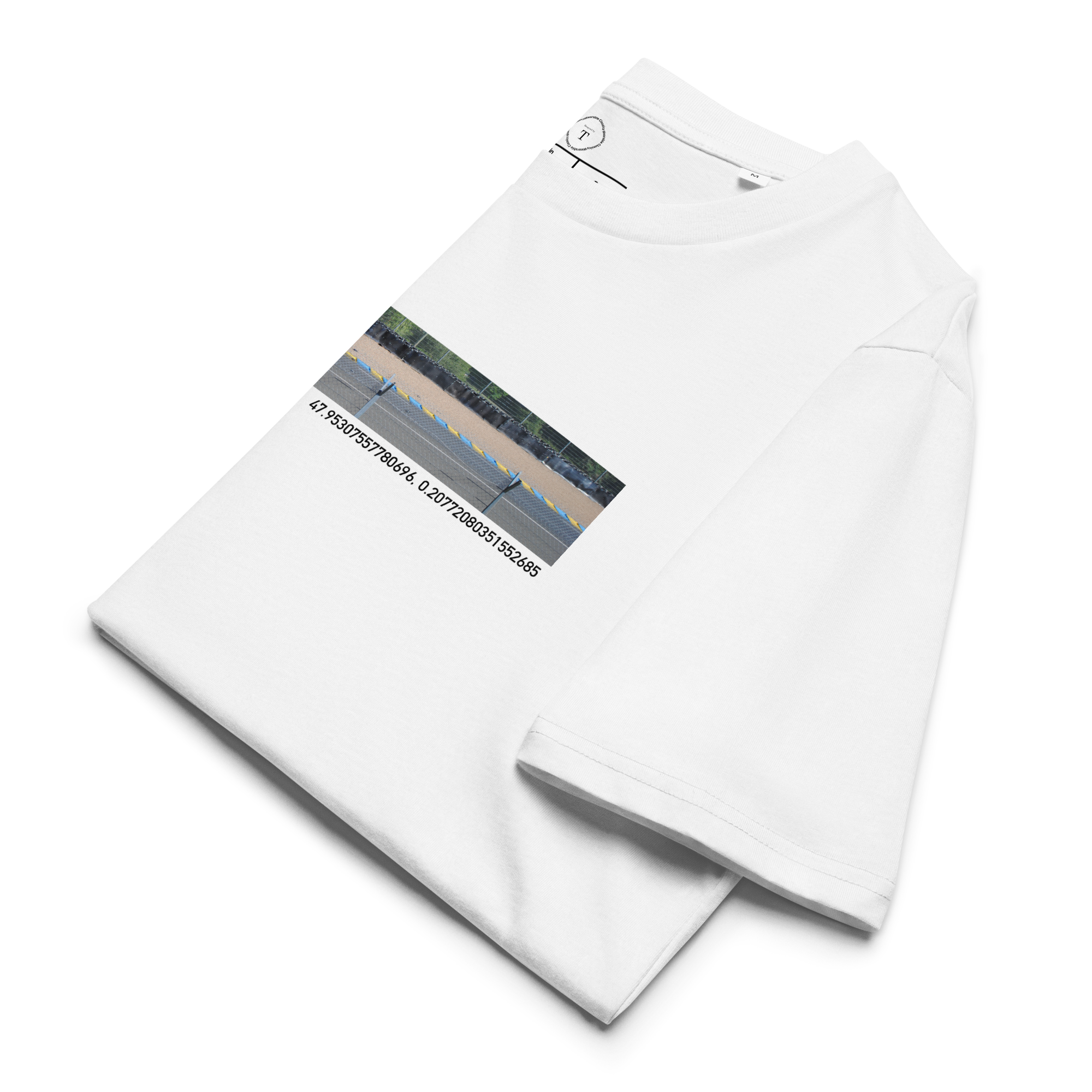 White Unisex Cotton T-Shirt folded close up with banner image of Jaguar XJR-9 at Le Mans in the centre with text of coordinates and date of race