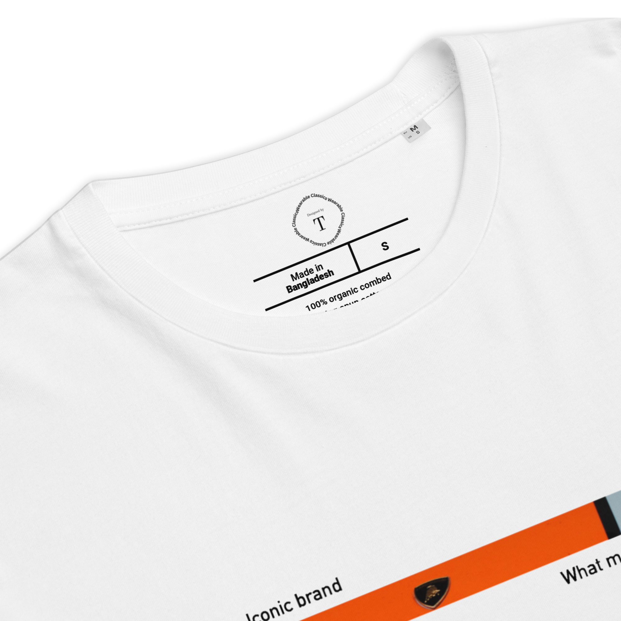 White Unisex Cotton T-Shirt folded close up with banner image of Lamborghini nose in the centre with text