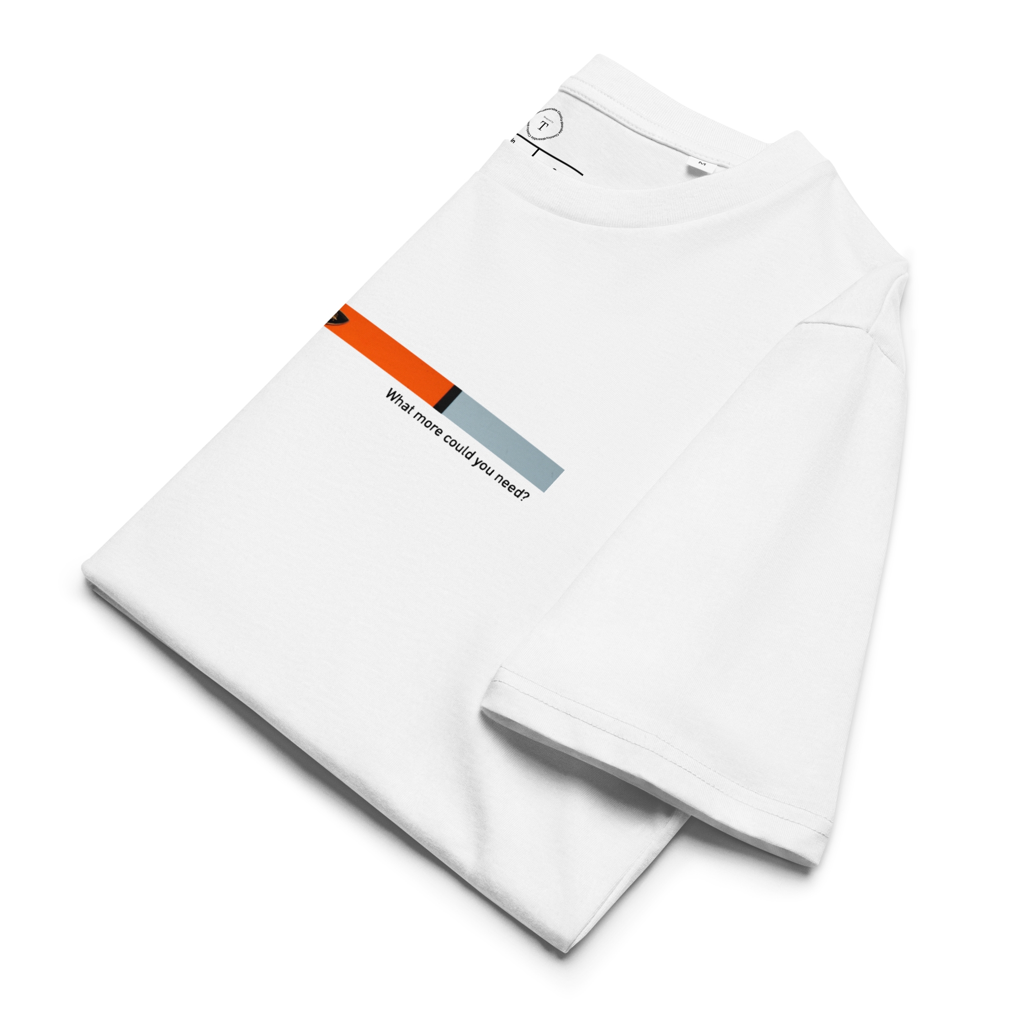 White Unisex Cotton T-Shirt folded close up with banner image of Lamborghini nose in the centre with text