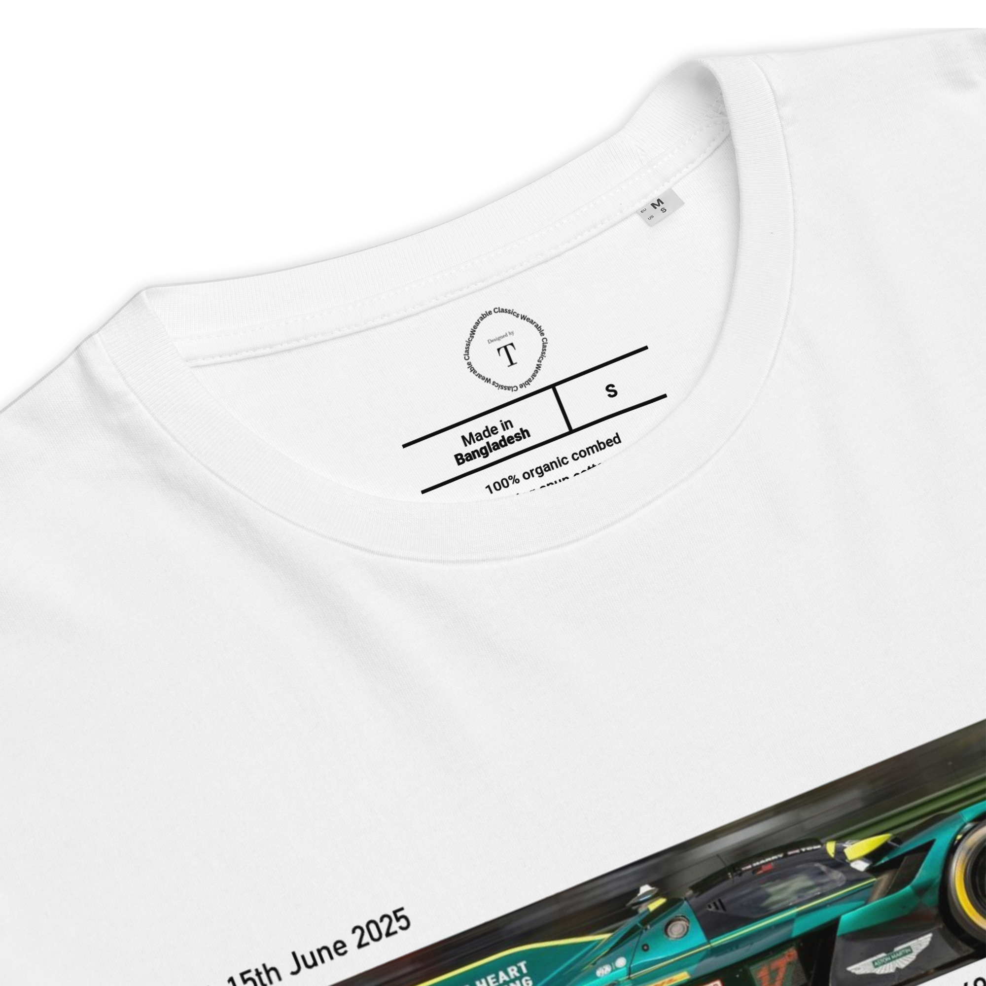 White Unisex Cotton T-Shirt folded close up with banner image of Aston Martin Valkyrie at Le Mans in the centre with text of coordinates and date of race