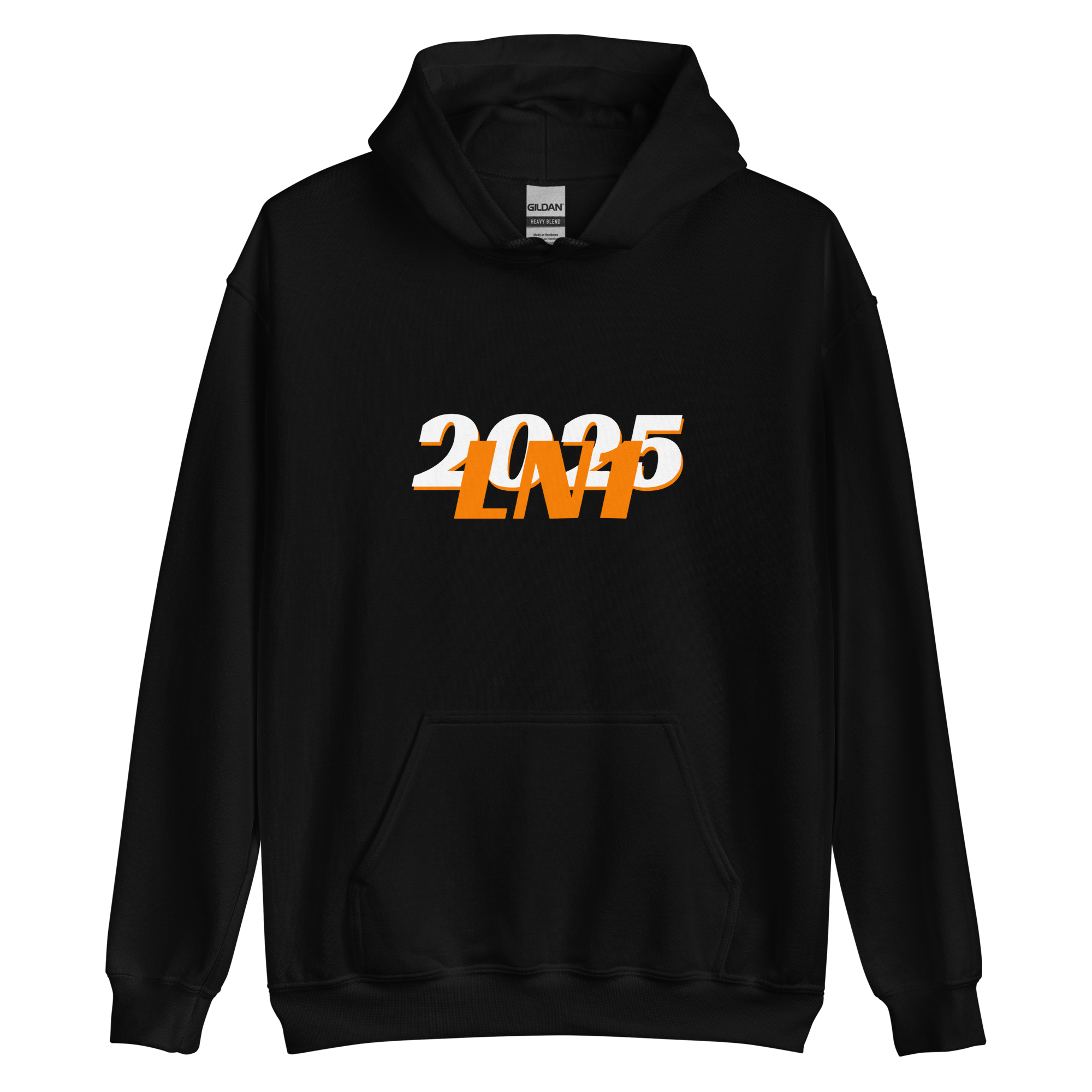 Black Unisex Cotton Hoodie with orange text 'LN1' and black text '2025' overlapping in centre