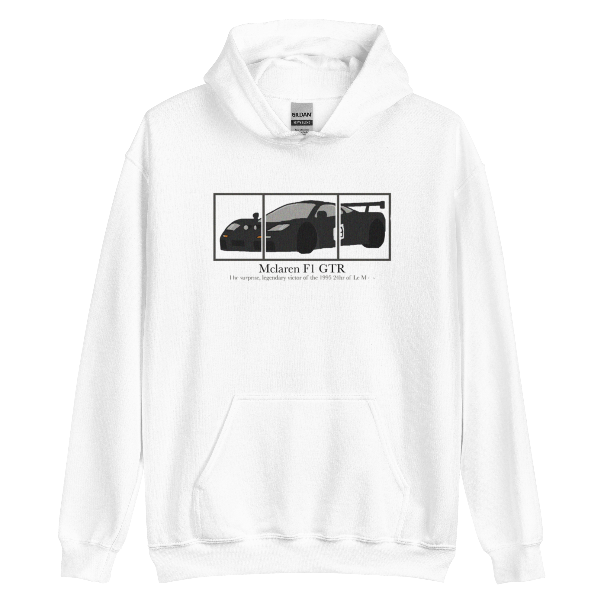 White Unisex Hoodie with three box design of drawing of McLaren F1 GTR with text "McClaren F1 GTR The surprise, legendary victory of the 1995 24hrs of Le Mans"