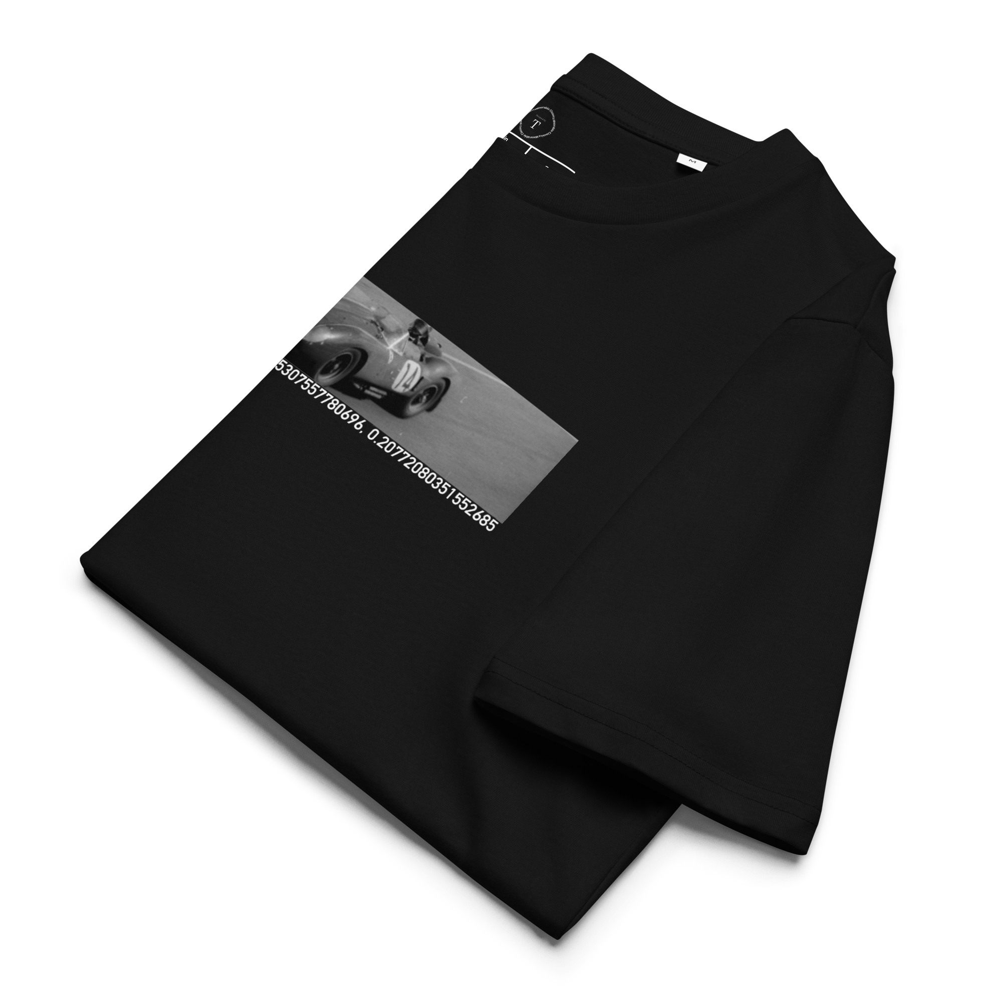 Black Unisex Cotton T-Shirt folded close up with banner image of 1958 Ferrari at Le Mans in the centre with text of coordinates and date of race