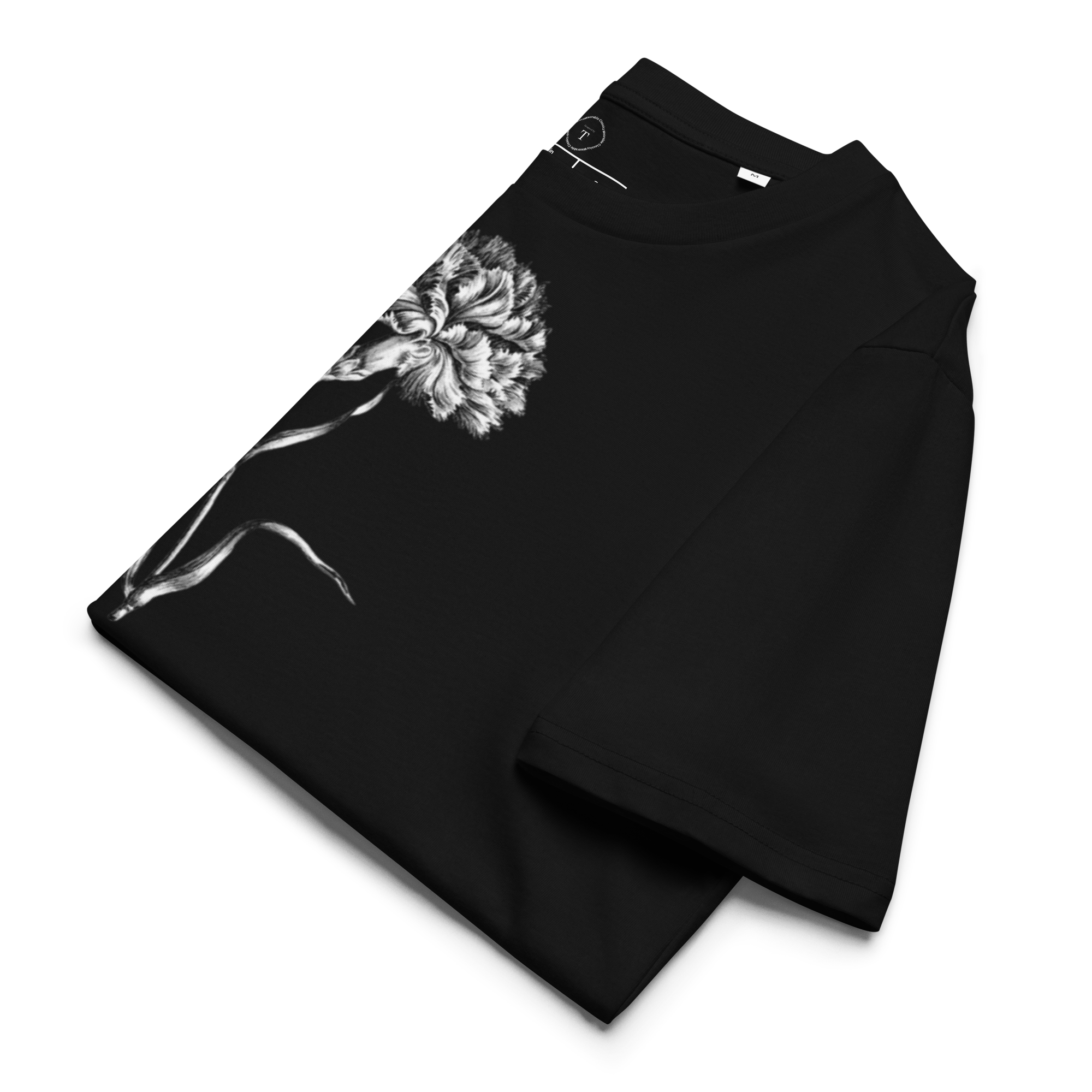 Black Unisex Cotton T-Shirt folded close up with black and white image of carnation flower in the centre