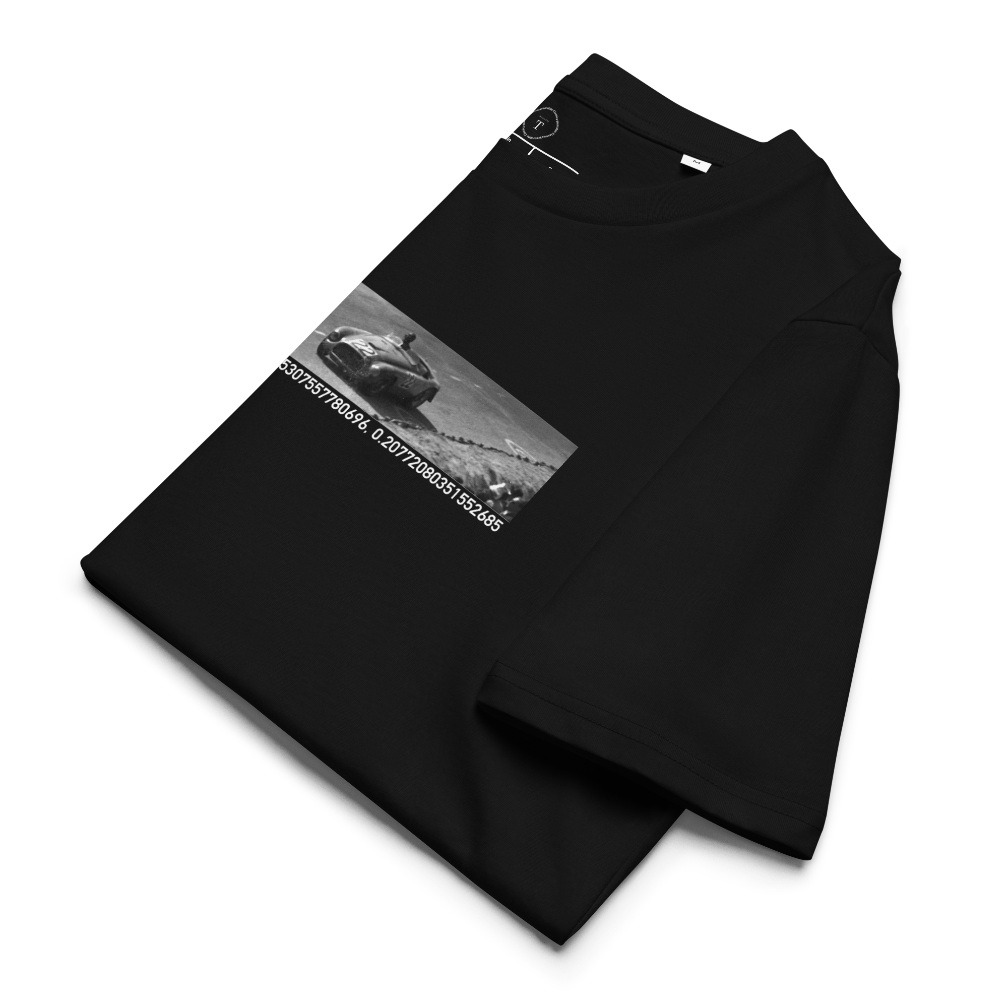 Black Unisex Cotton T-Shirt folded close up with banner image of 1949 Victor Ferrari at Le Mans in the centre with text of coordinates and date of race