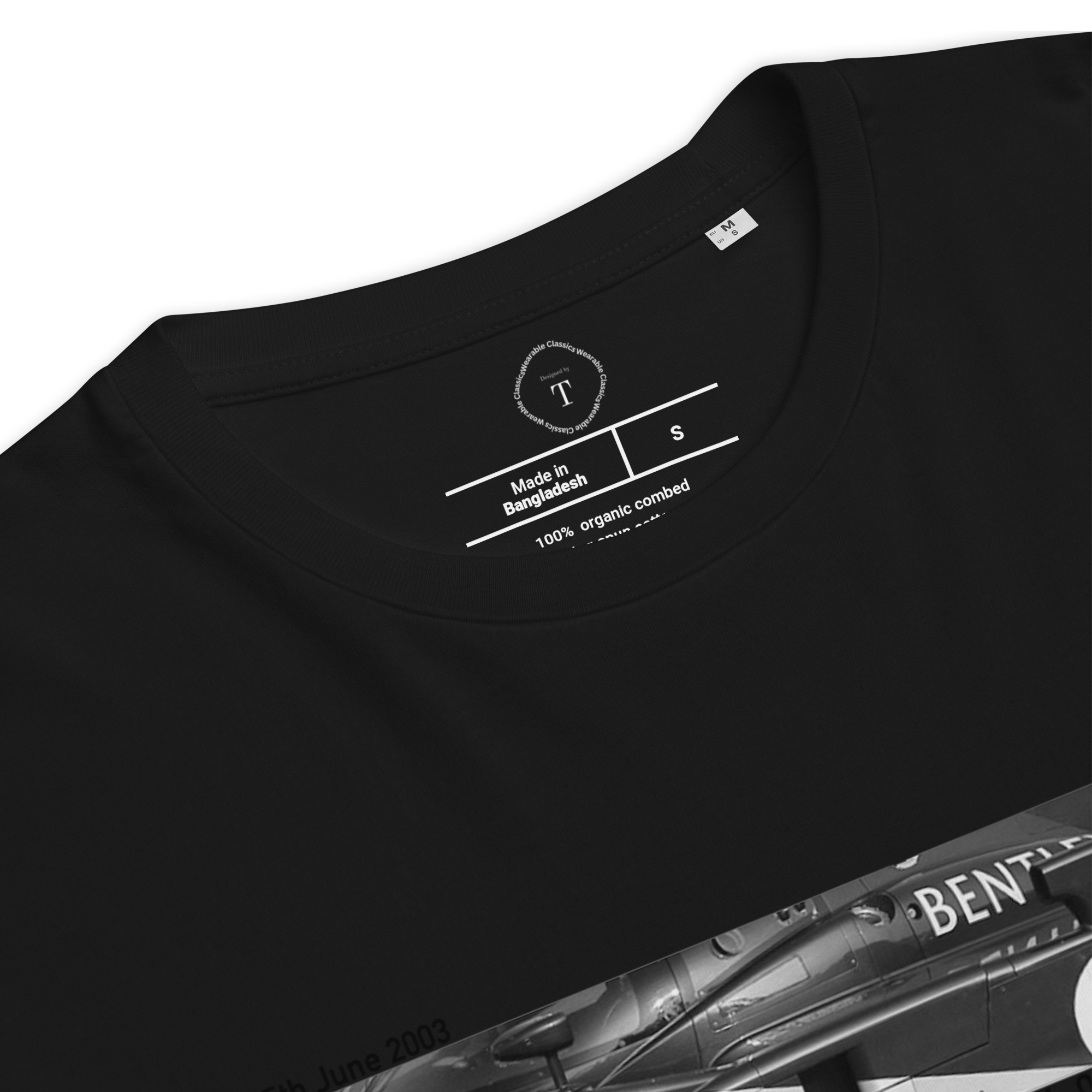 Black Unisex Cotton T-Shirt folded close up with banner image of Bentley 2003 at Le Mans in the centre with text of coordinates and date of race
