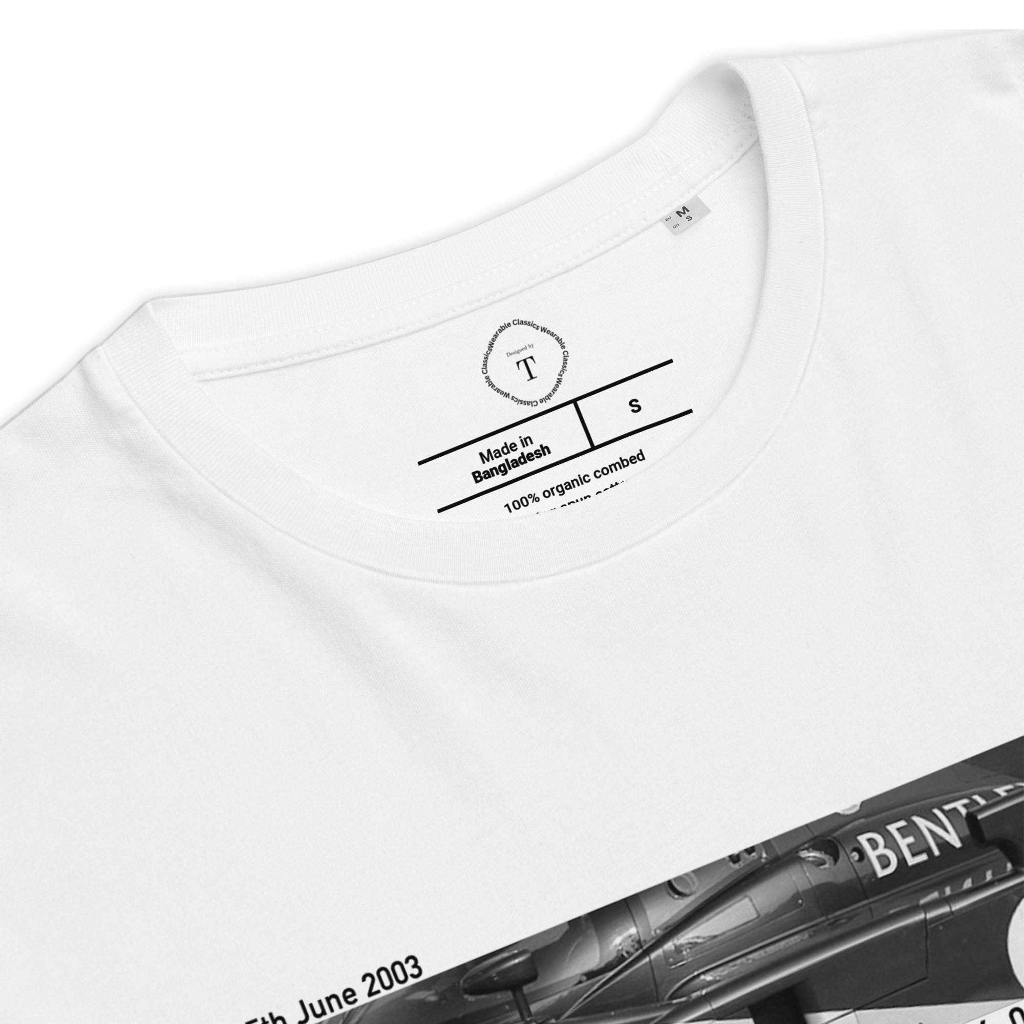 White Unisex Cotton T-Shirt folded close up with banner image of Bentley 2003 at Le Mans in the centre with text of coordinates and date of race
