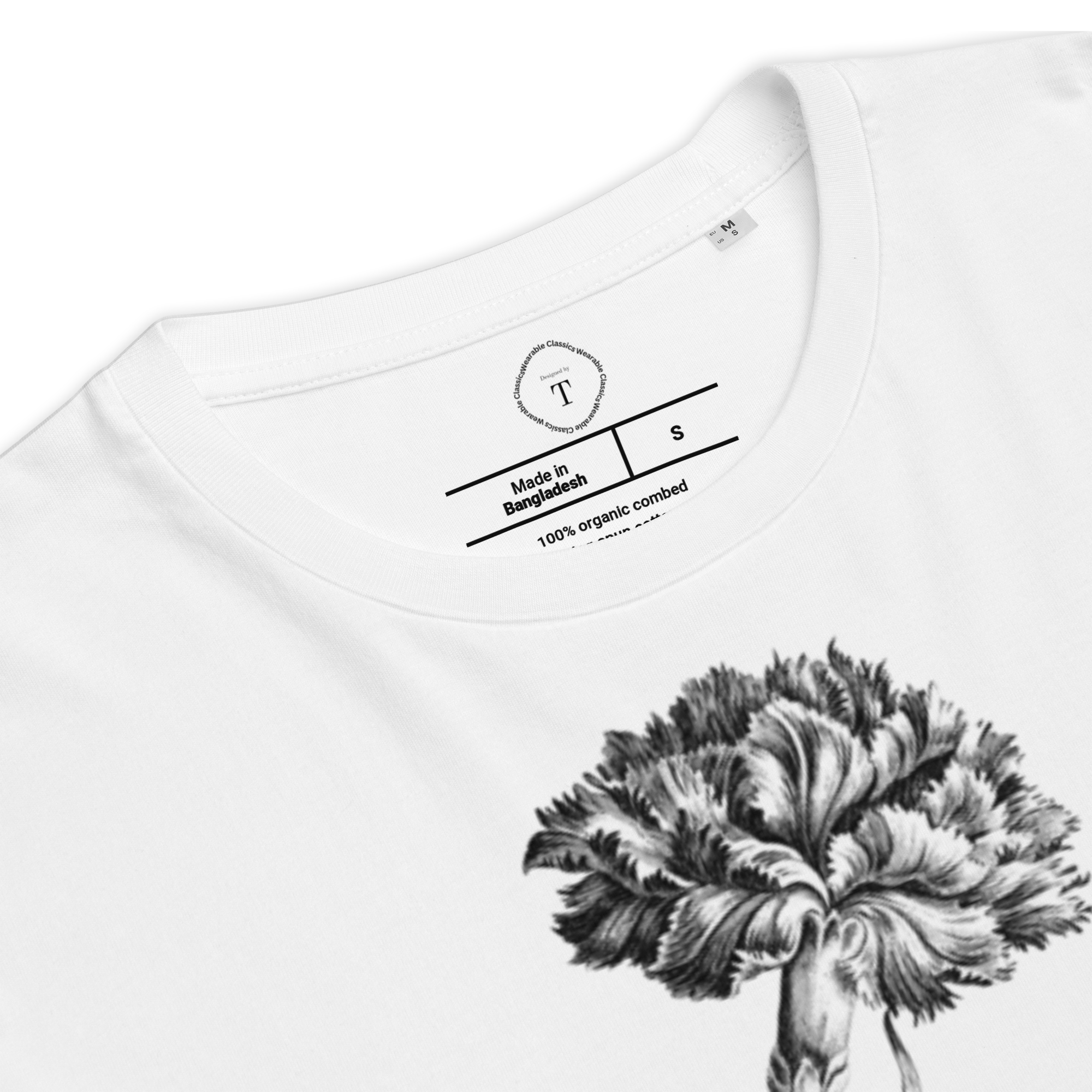 White Unisex Cotton T-Shirt folded close up with black and white image of carnation flower in the centre