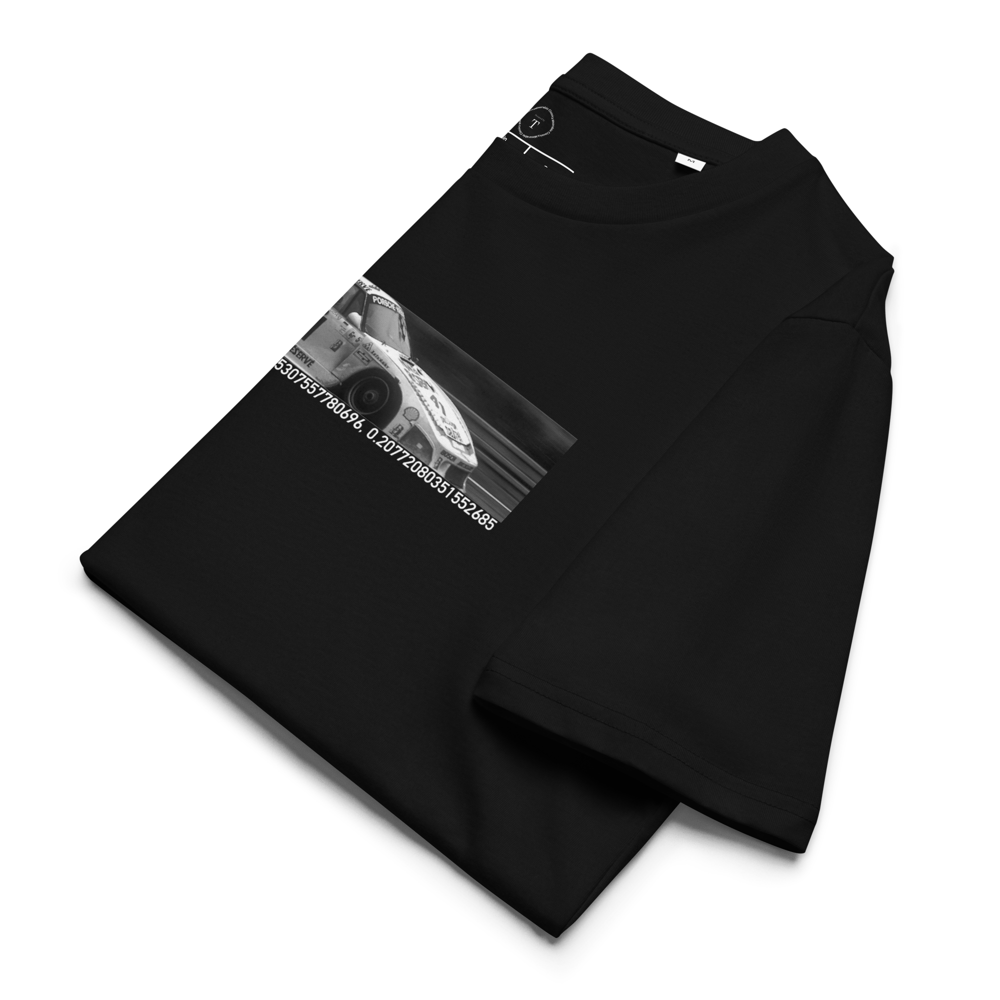 Black Unisex Cotton T-Shirt folded close up with banner image of Porsche 1979 at Le Mans in the centre with text of coordinates and date of race